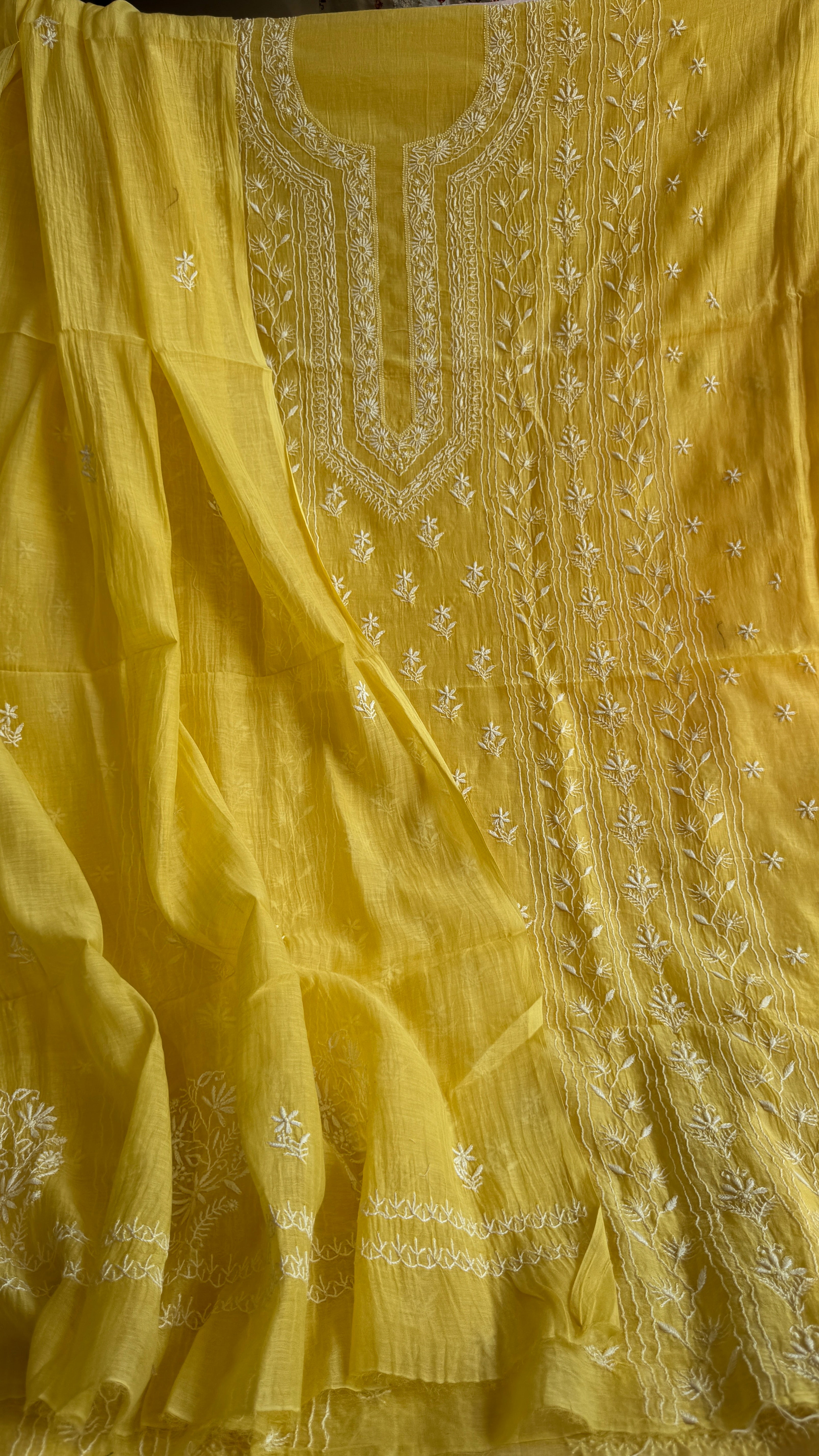 Mul Chanderi Chikankari Unstitched Length with Dupatta - Yellow