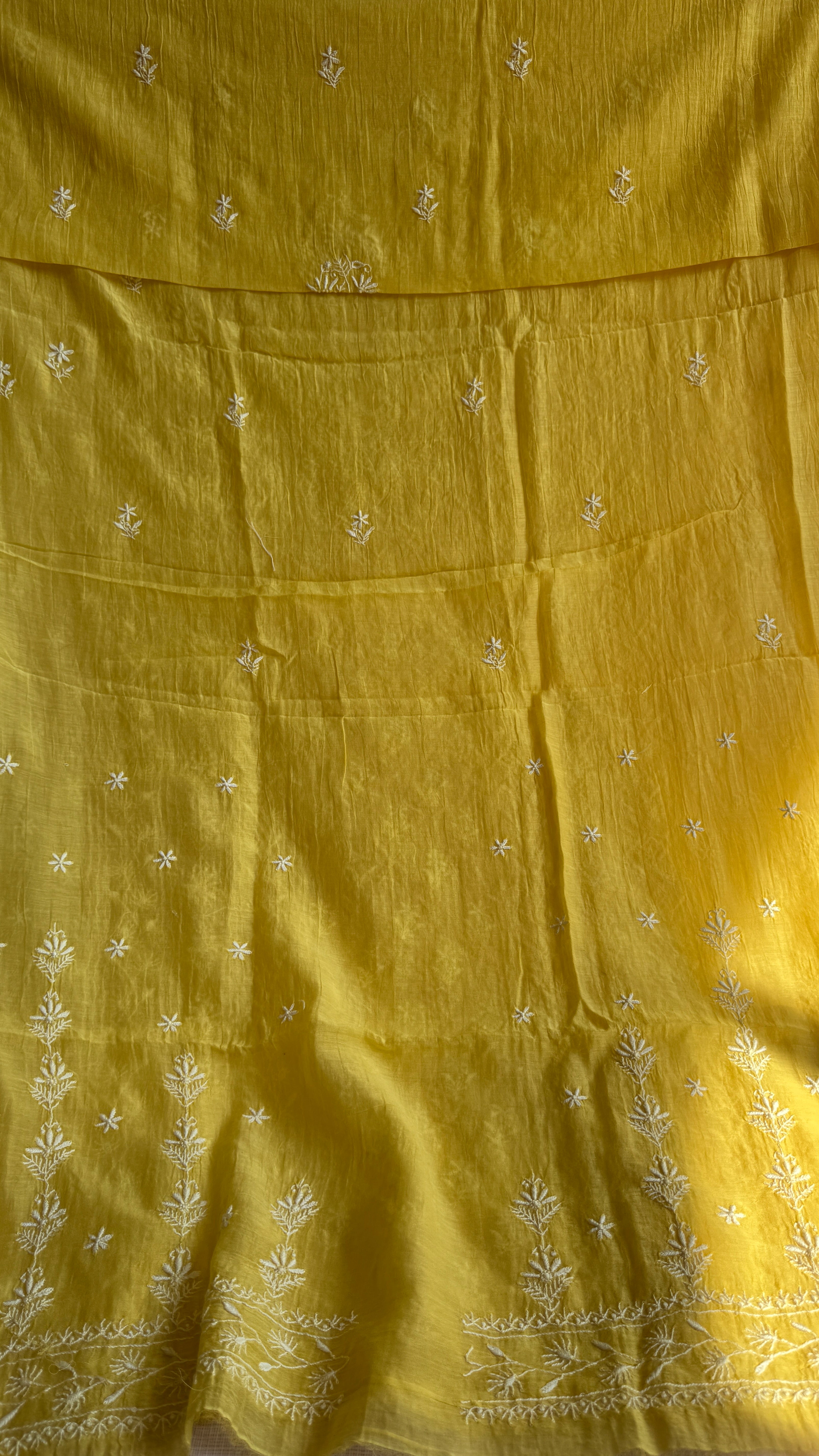 Mul Chanderi Chikankari Unstitched Length with Dupatta - Yellow