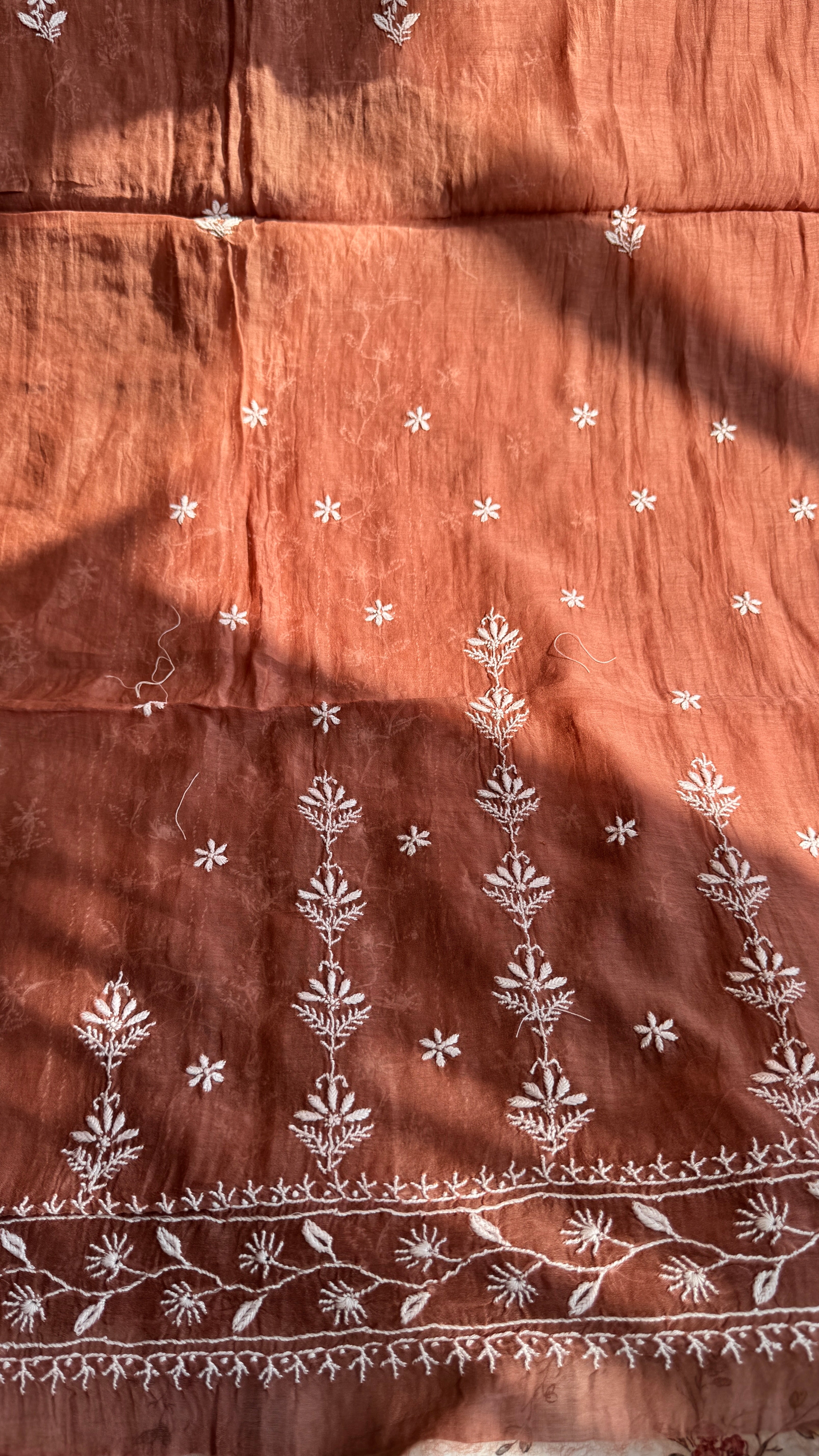 Mul Chanderi Chikankari Unstitched Length with Dupatta - Brick Brown