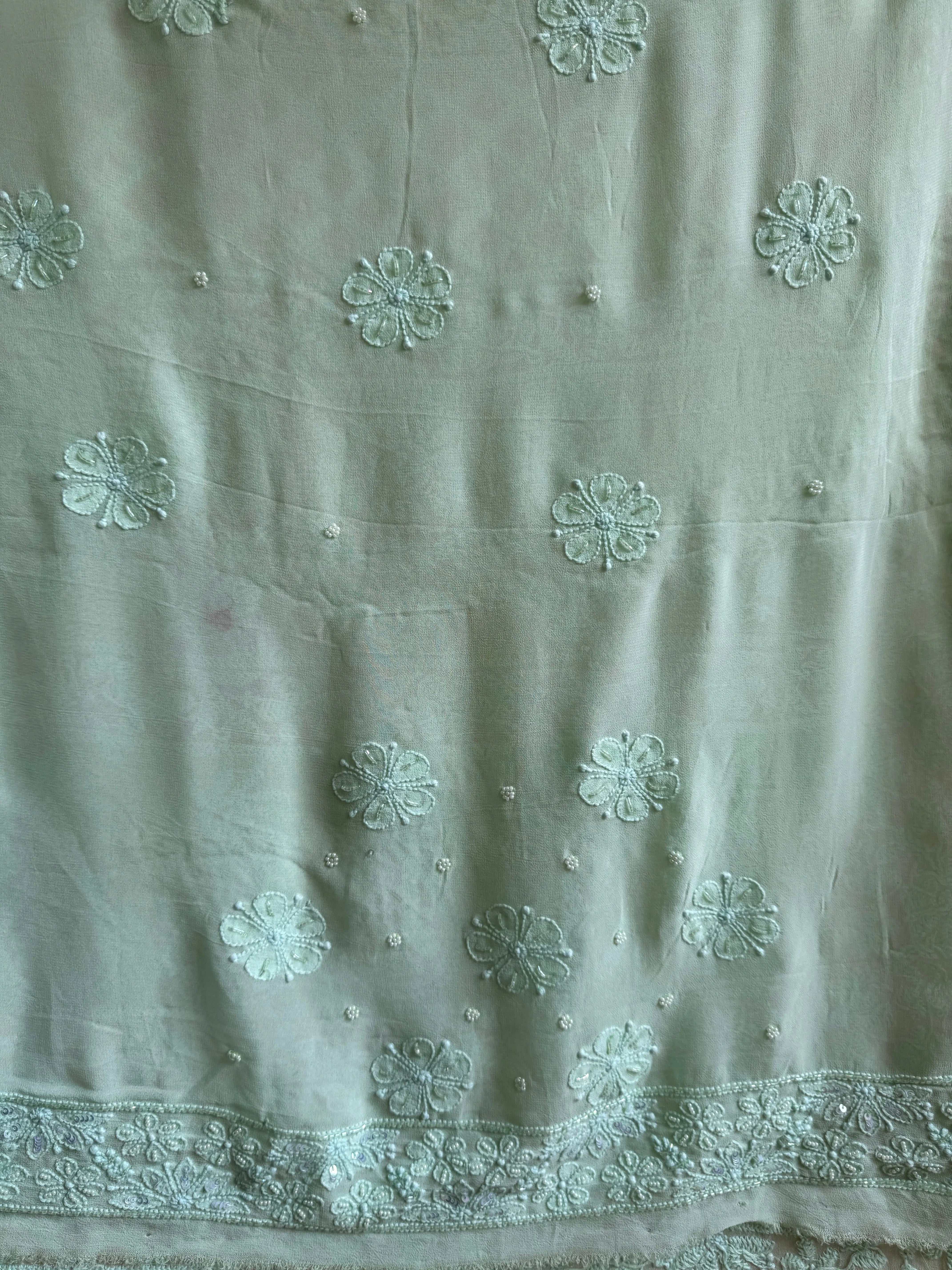 Green Chikankari saree with Pearl embellishments ARIAA CHIKANKARI
