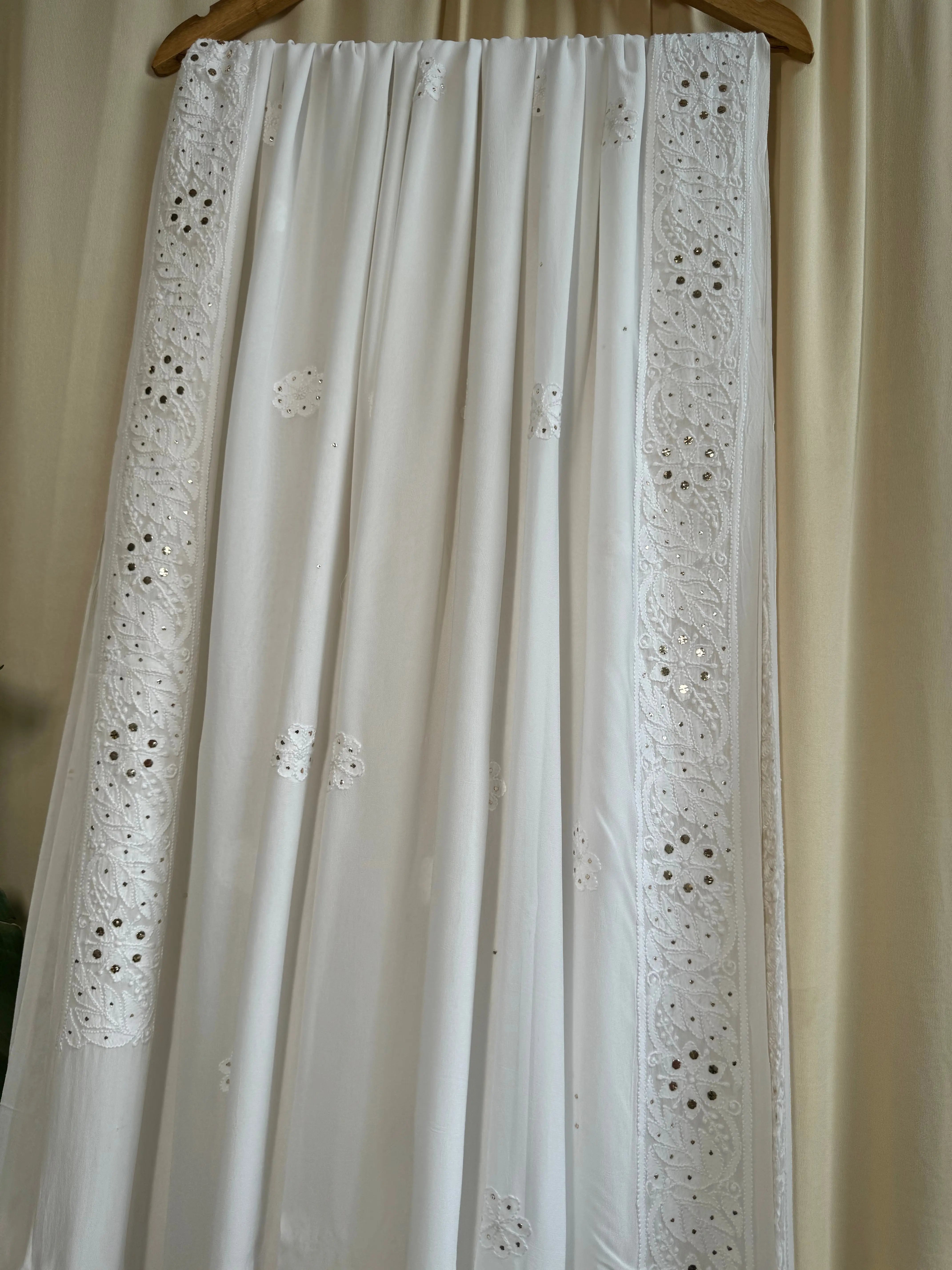 Viscose White Chikankari saree with Mukaish Work ARIAA CHIKANKARI