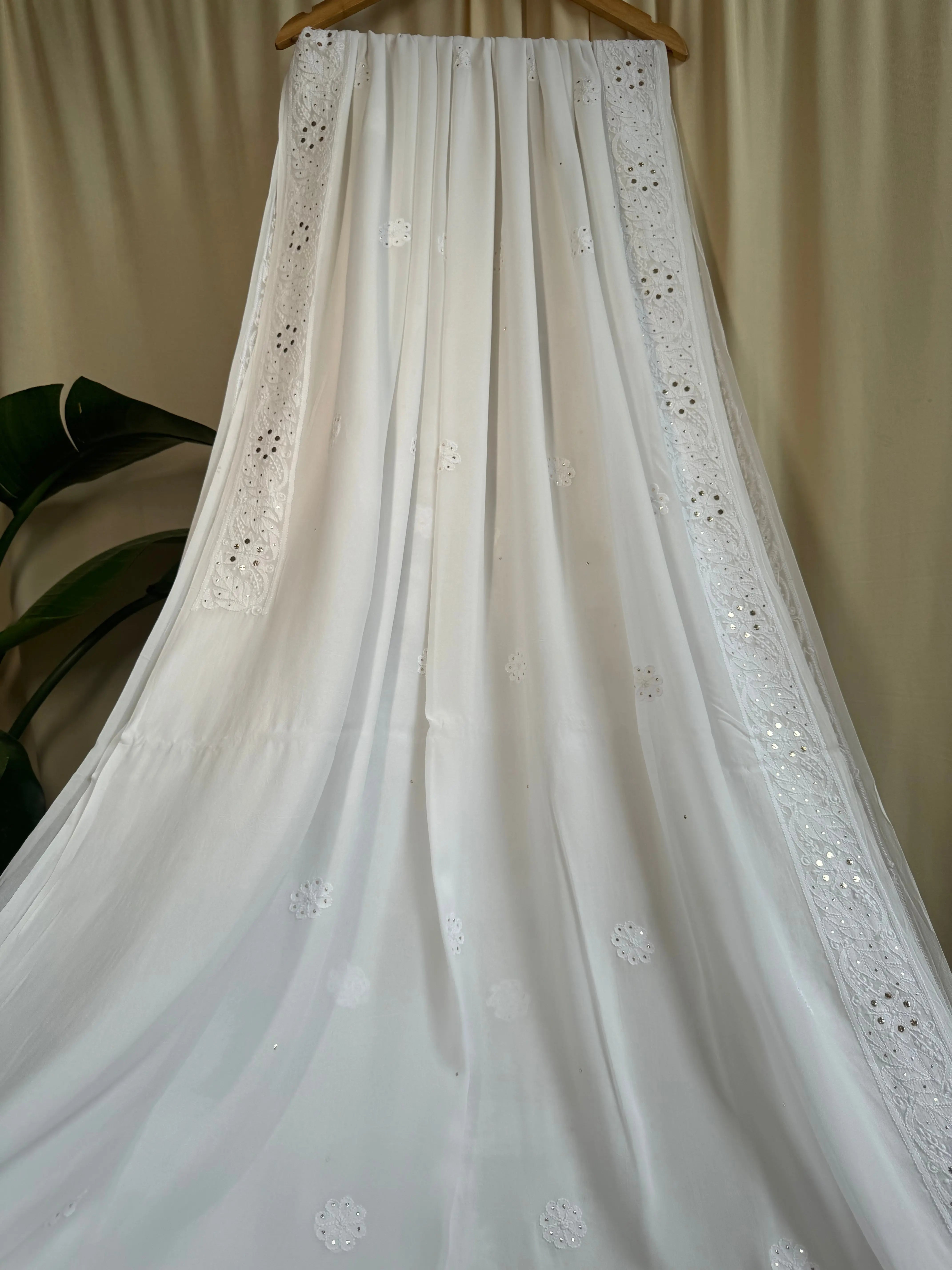 Viscose White Chikankari saree with Mukaish Work ARIAA CHIKANKARI