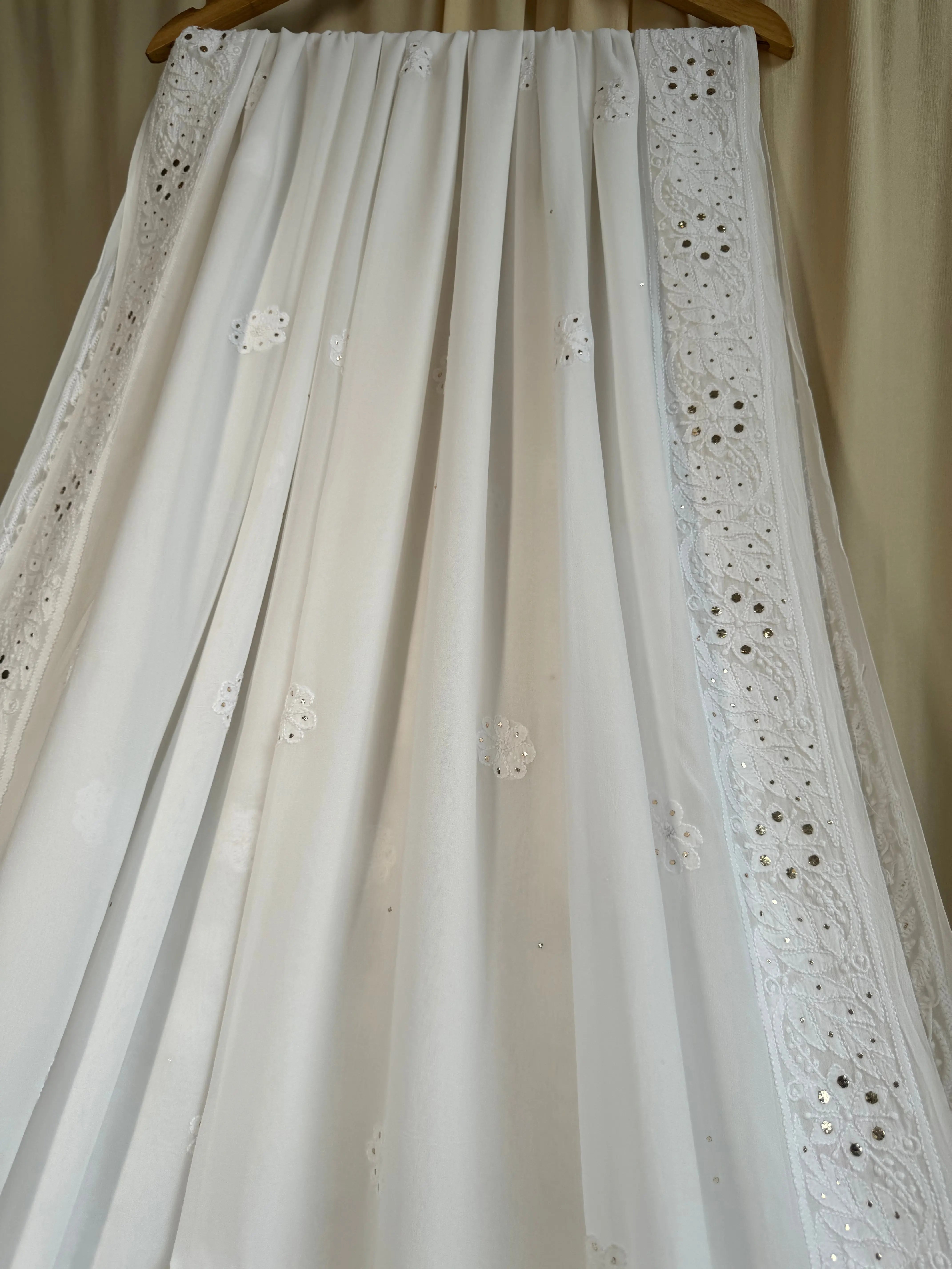 Viscose White Chikankari saree with Mukaish Work ARIAA CHIKANKARI