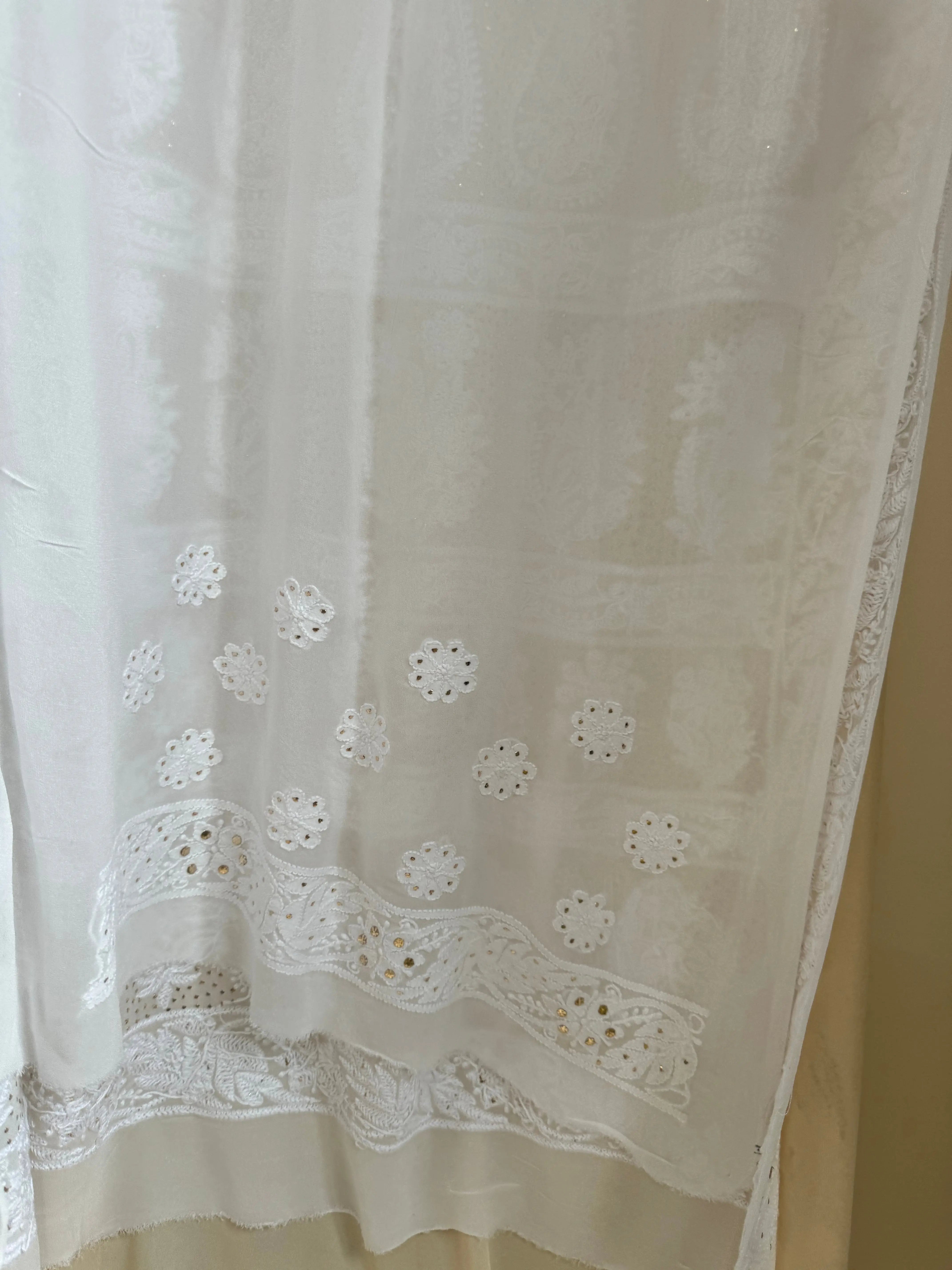 Viscose White Chikankari saree with Mukaish Work ARIAA CHIKANKARI