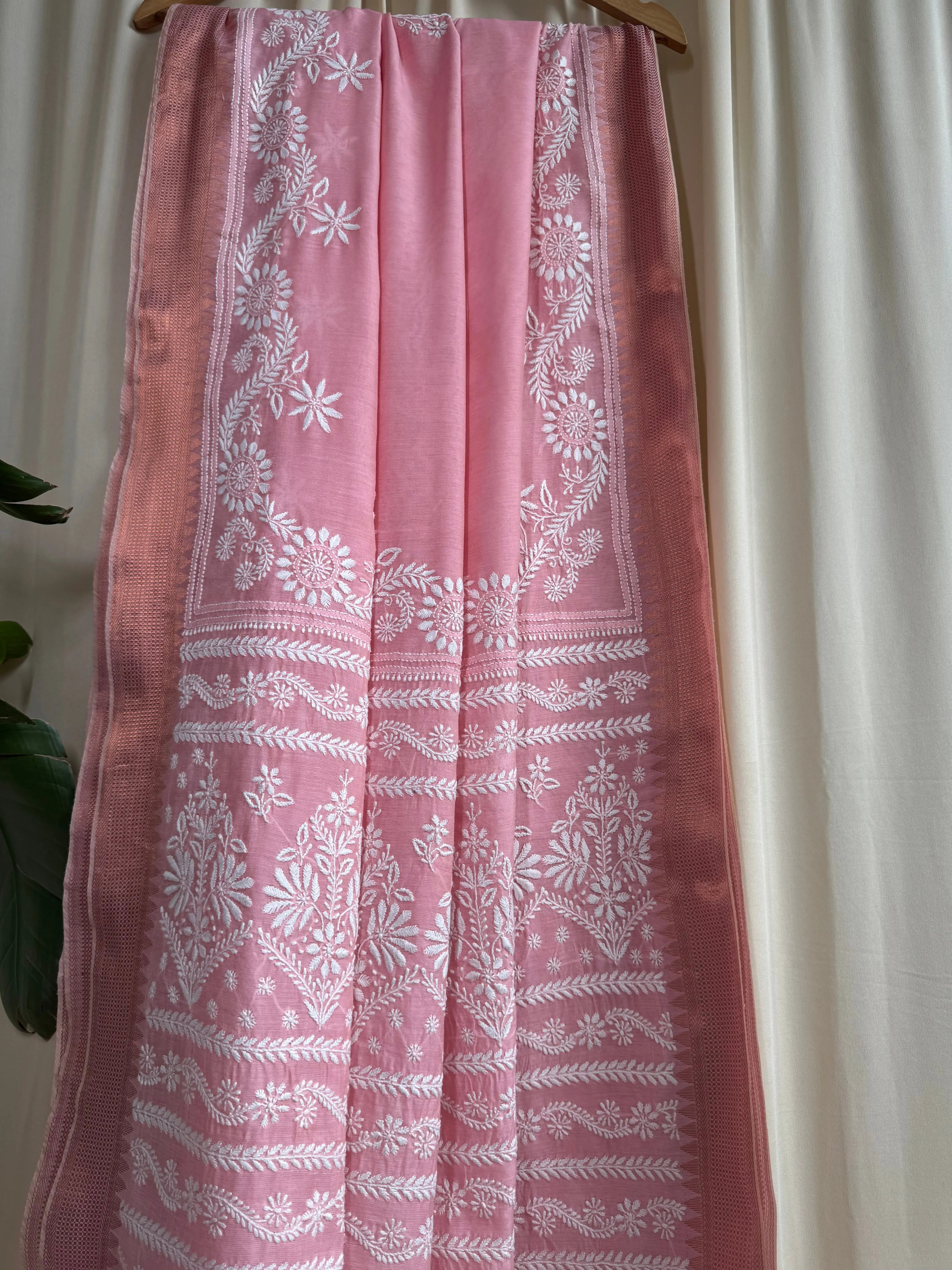 Chanderi Chikankari saree in Pink ARIAA CHIKANKARI