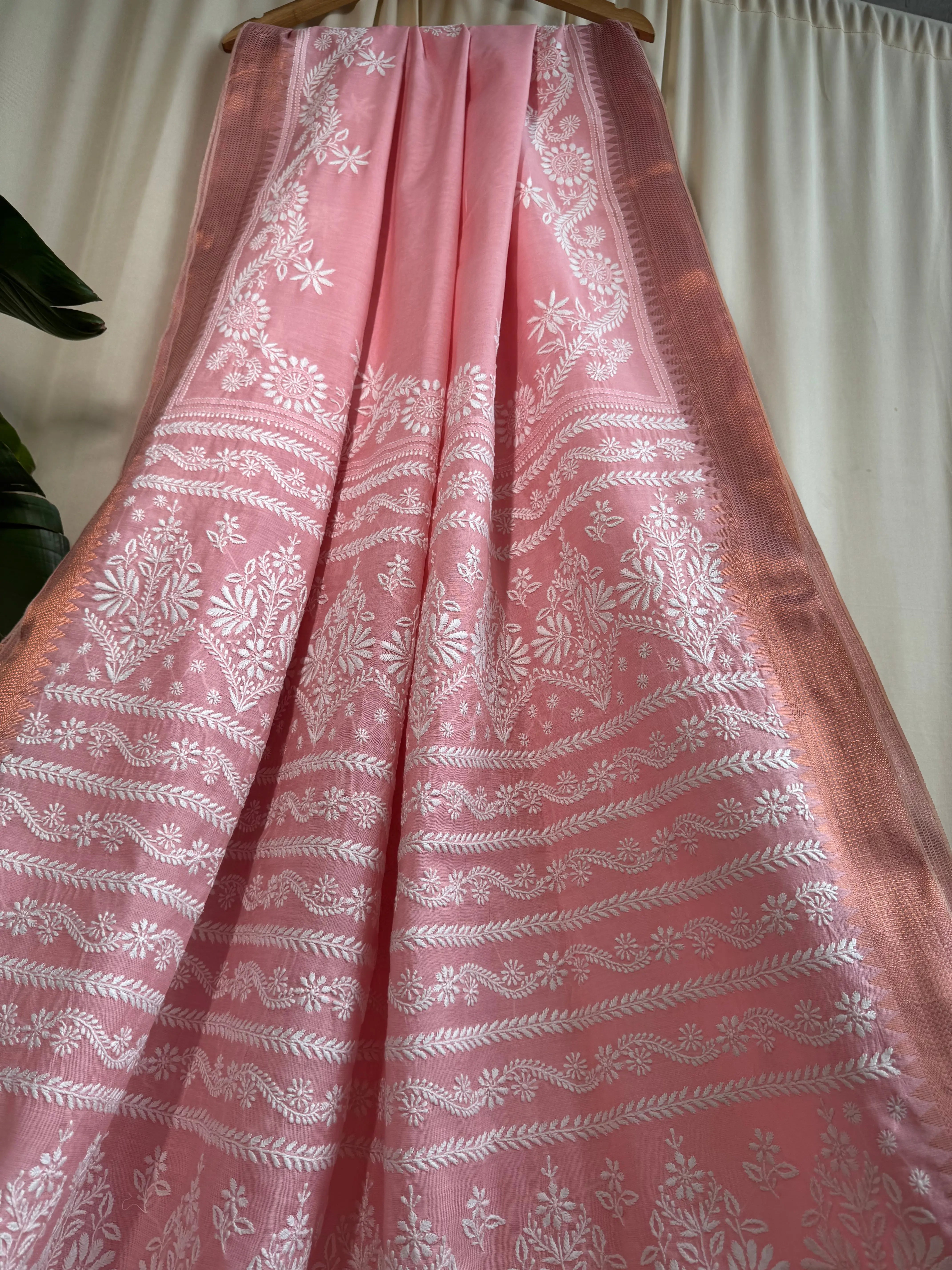 Chanderi Chikankari saree in Pink ARIAA CHIKANKARI