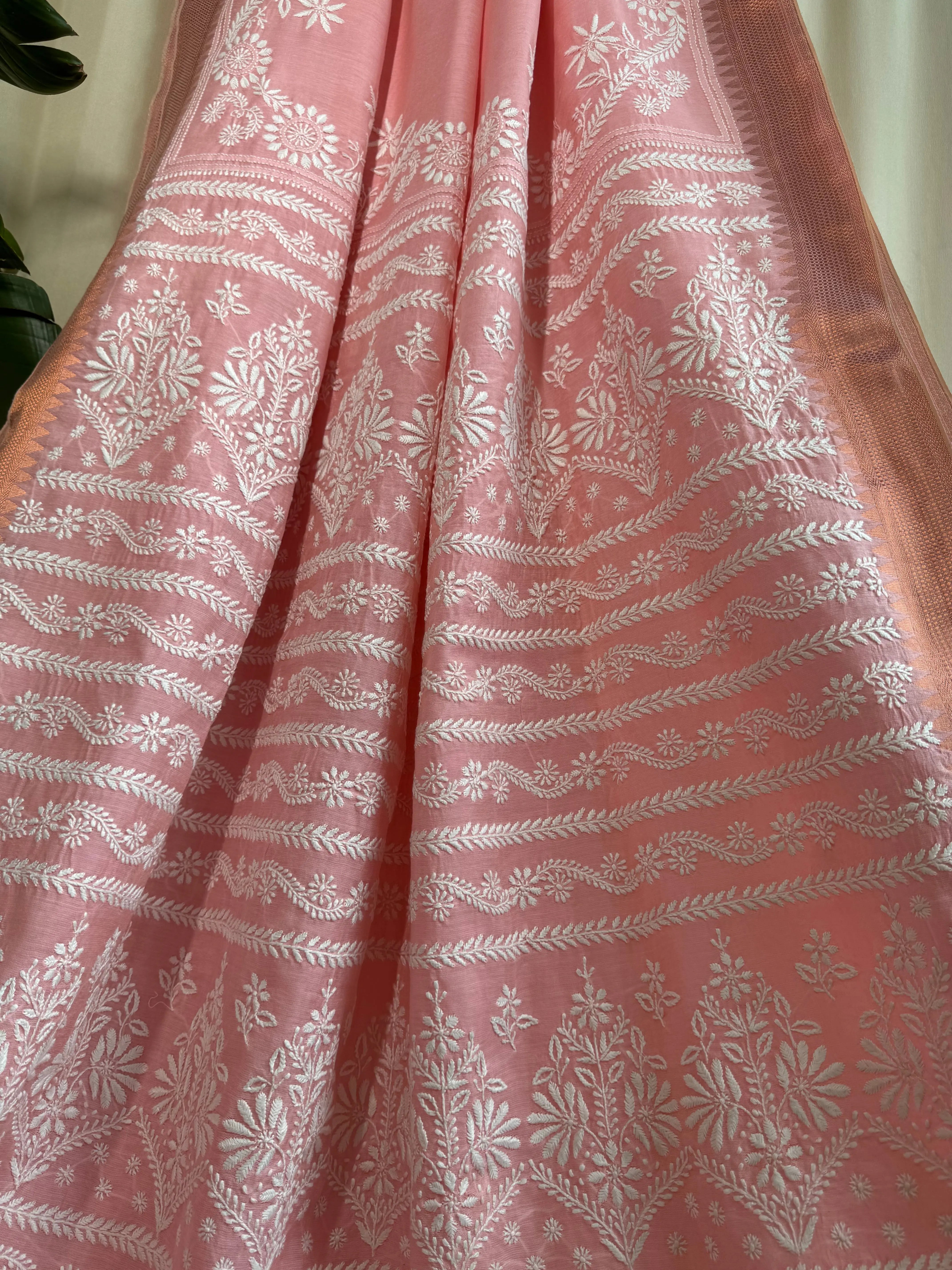 Chanderi Chikankari saree in Pink ARIAA CHIKANKARI