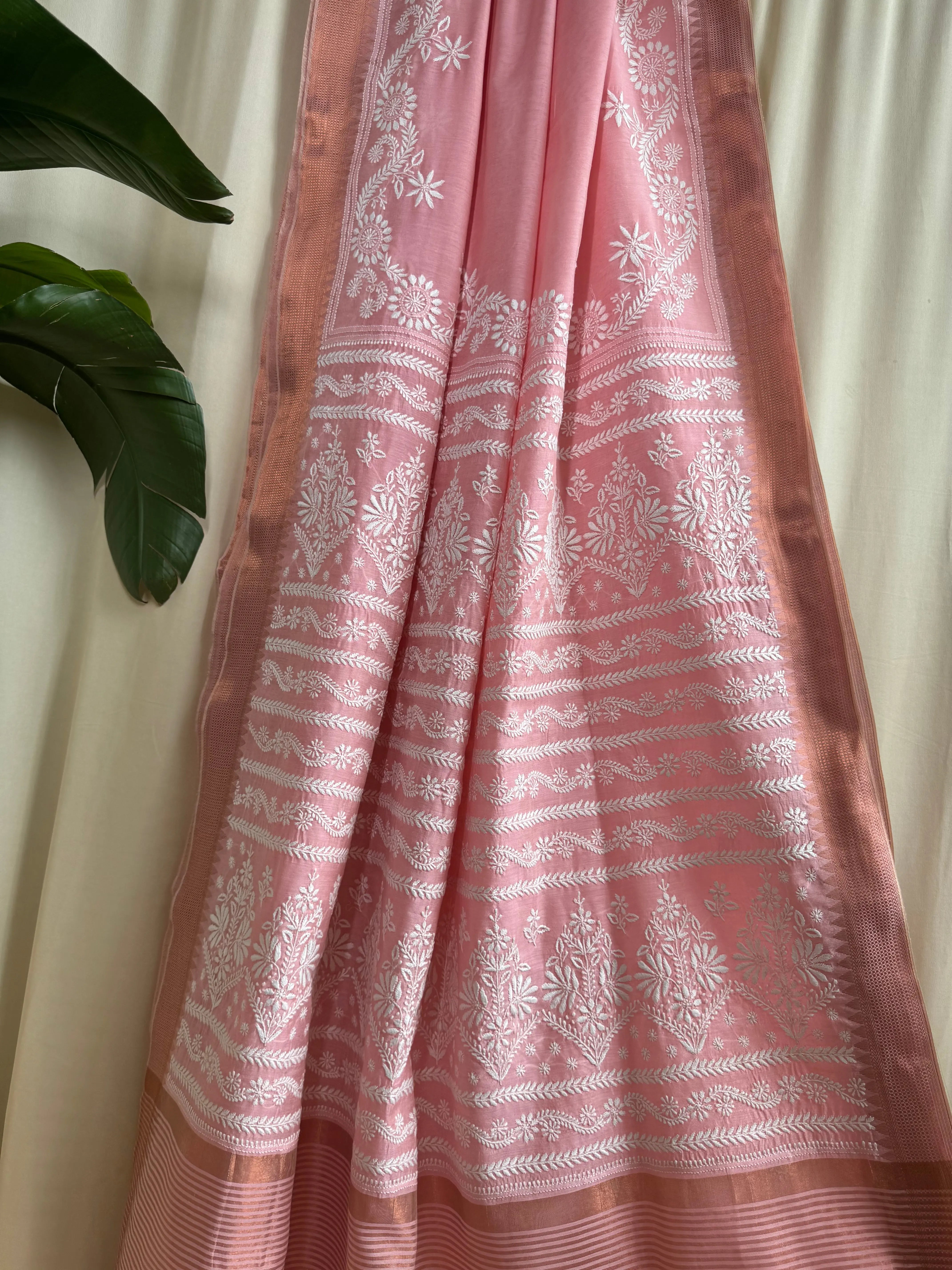 Chanderi Chikankari saree in Pink ARIAA CHIKANKARI