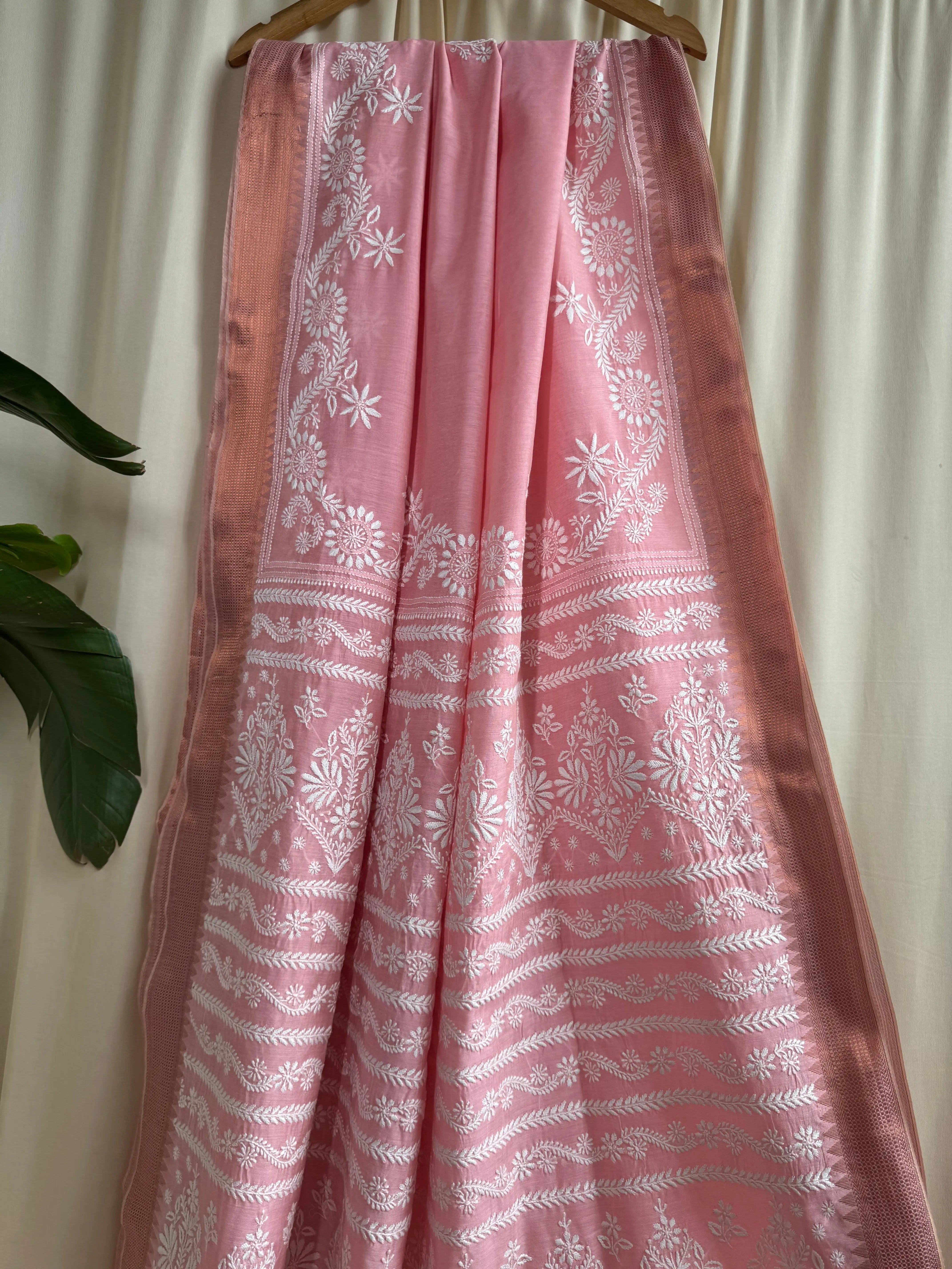 Chanderi Chikankari saree in Pink ARIAA CHIKANKARI