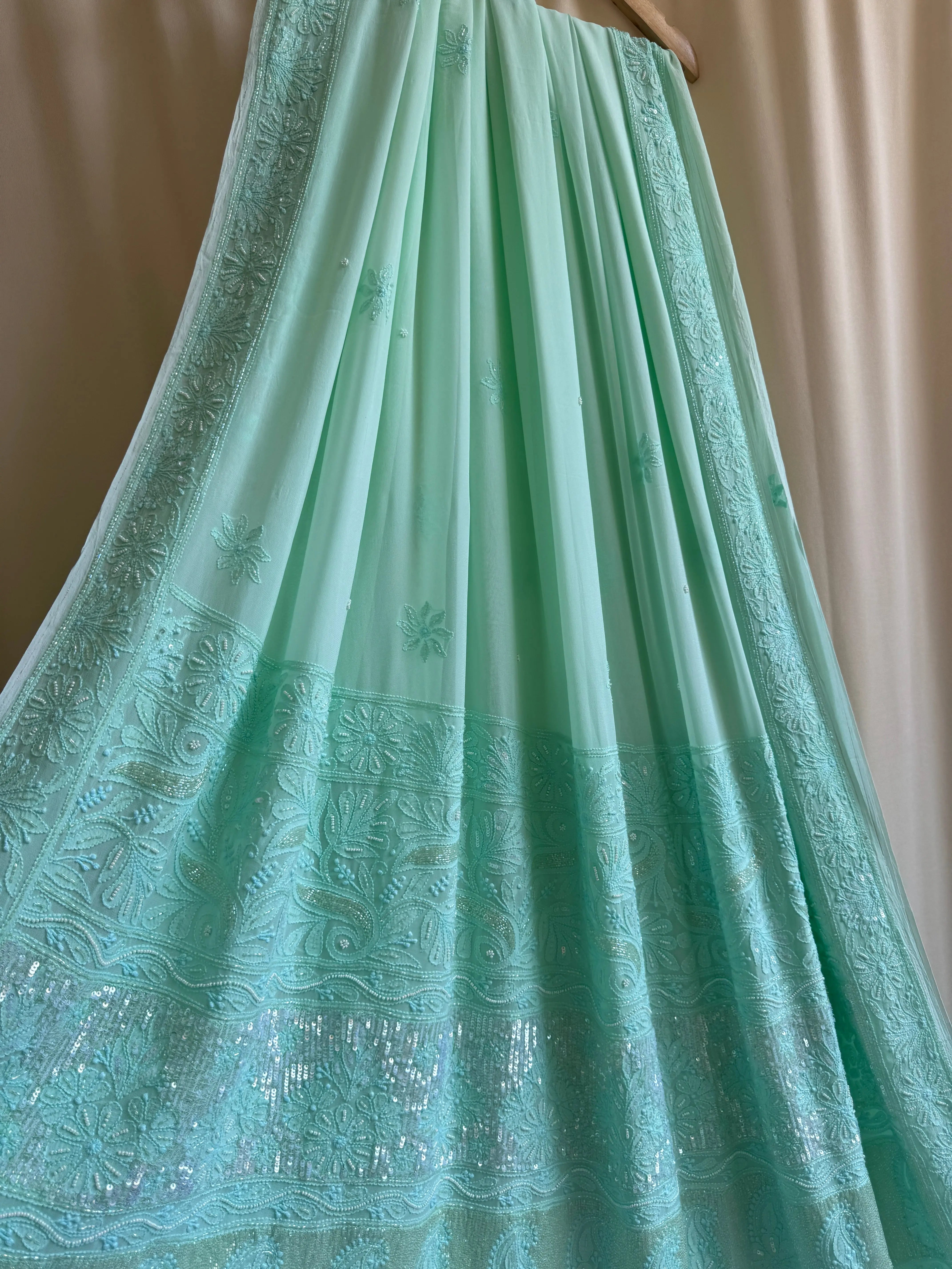 Green Chikankari saree with Pearl embellishments ARIAA CHIKANKARI