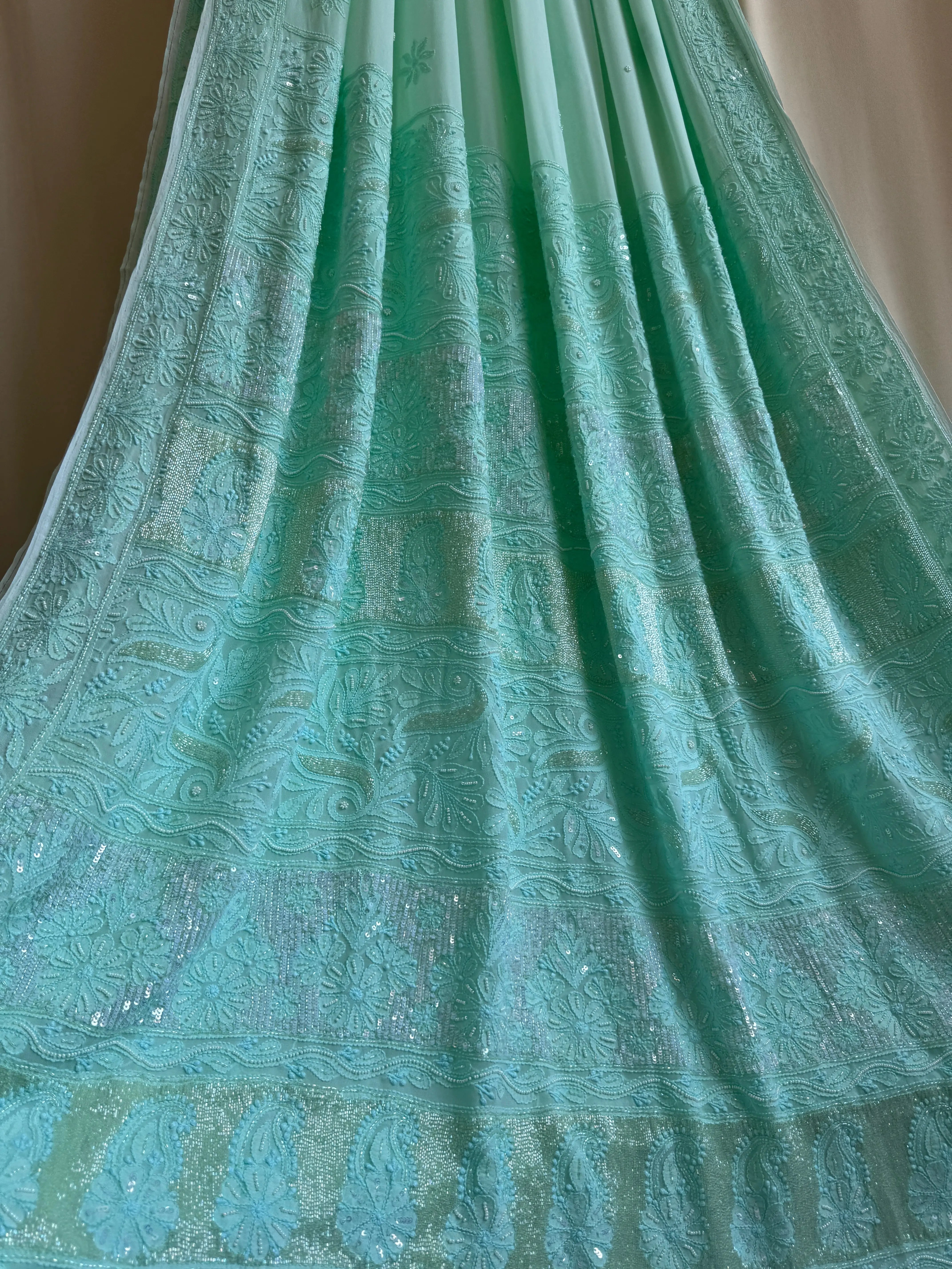 Green Chikankari saree with Pearl embellishments ARIAA CHIKANKARI