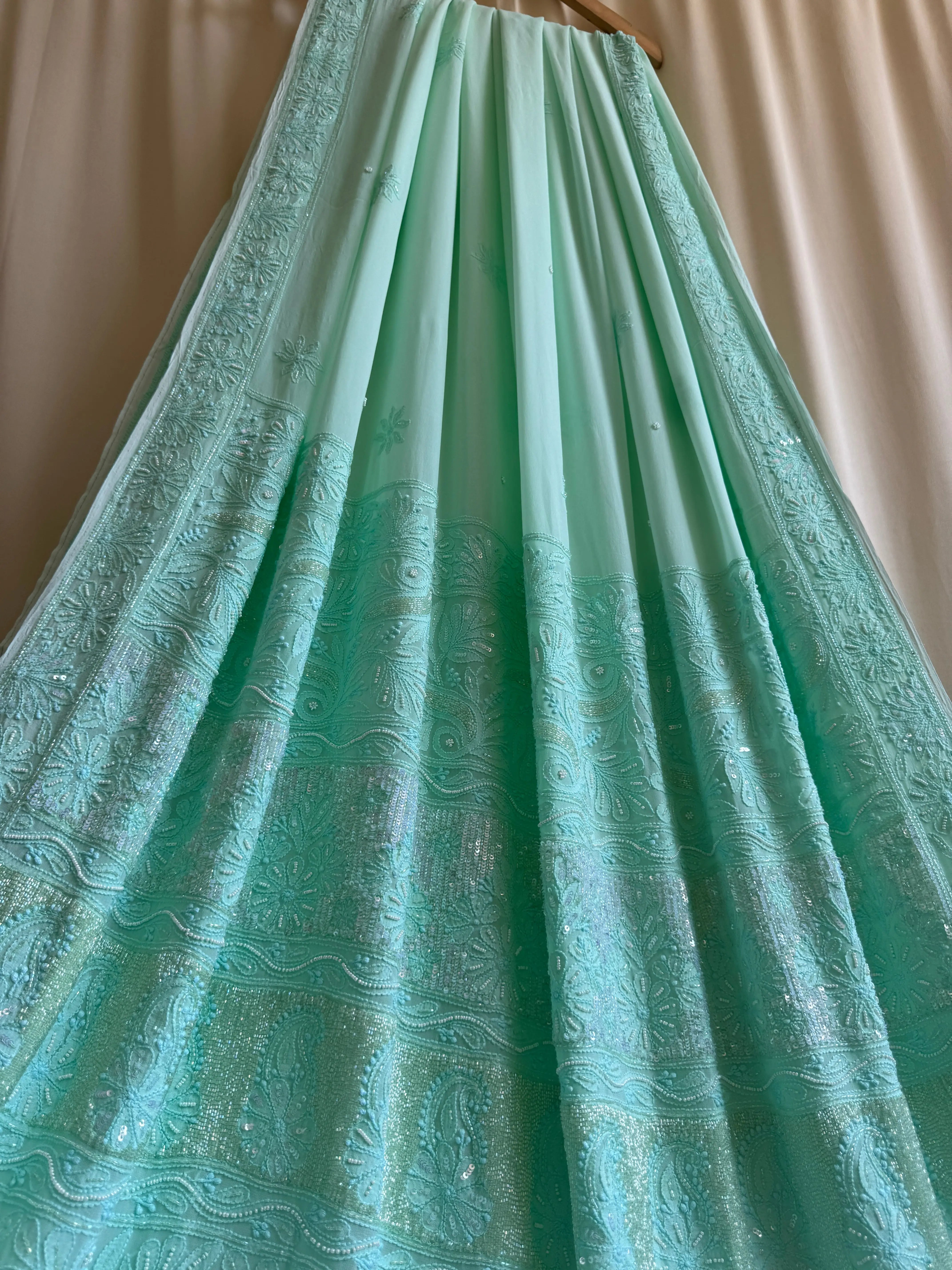 Green Chikankari saree with Pearl embellishments ARIAA CHIKANKARI