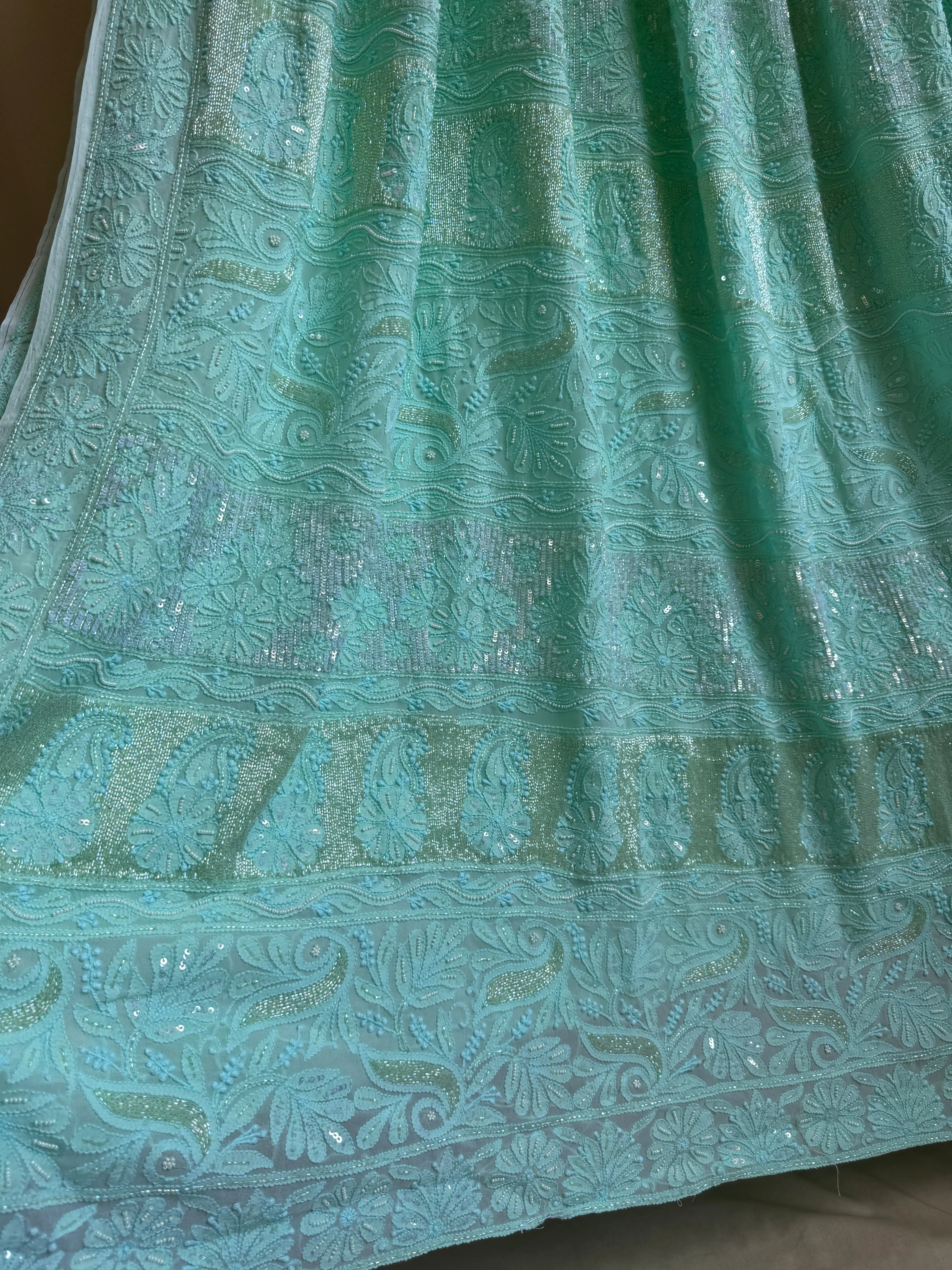 Green Chikankari saree with Pearl embellishments ARIAA CHIKANKARI
