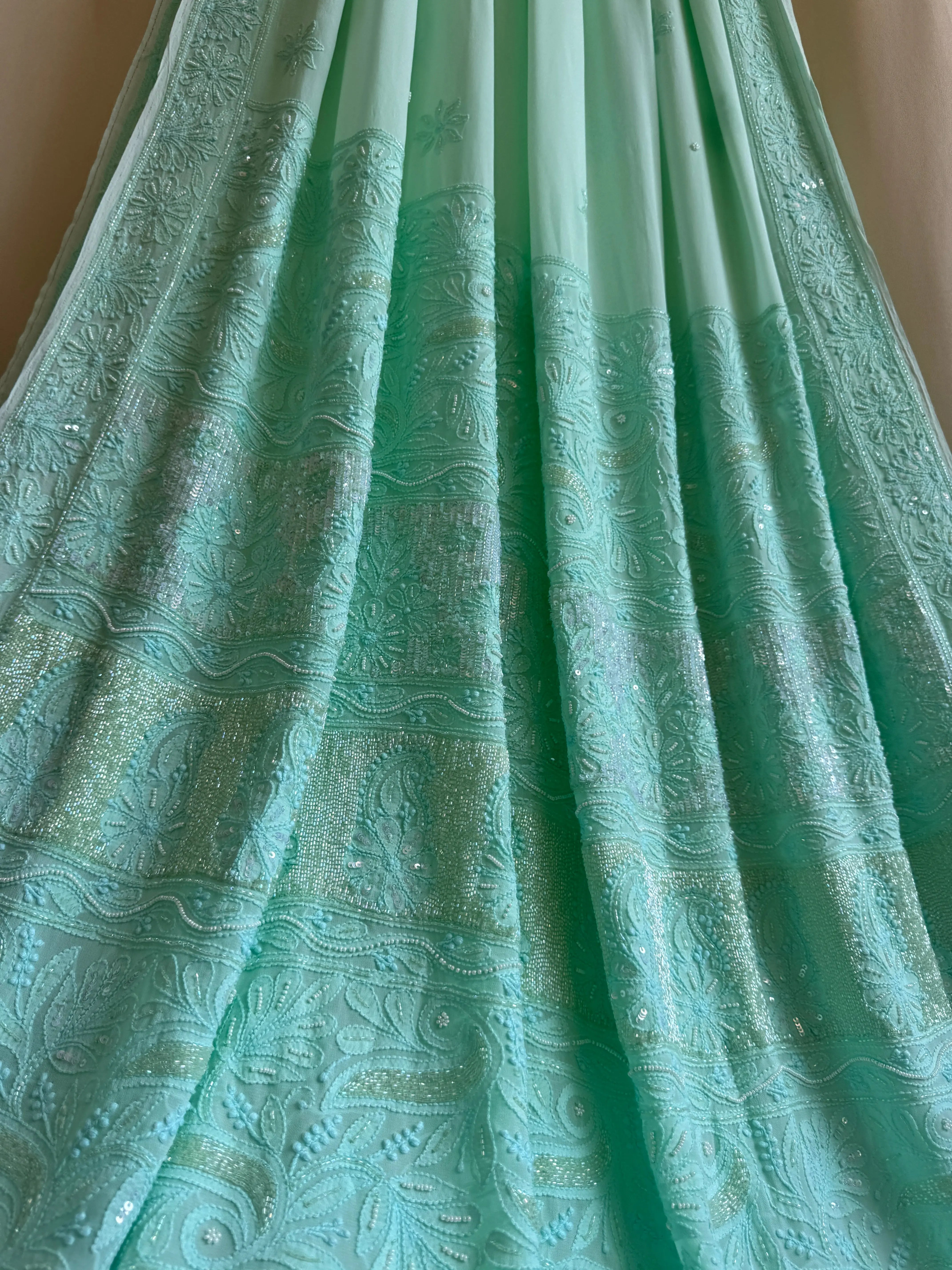 Green Chikankari saree with Pearl embellishments ARIAA CHIKANKARI