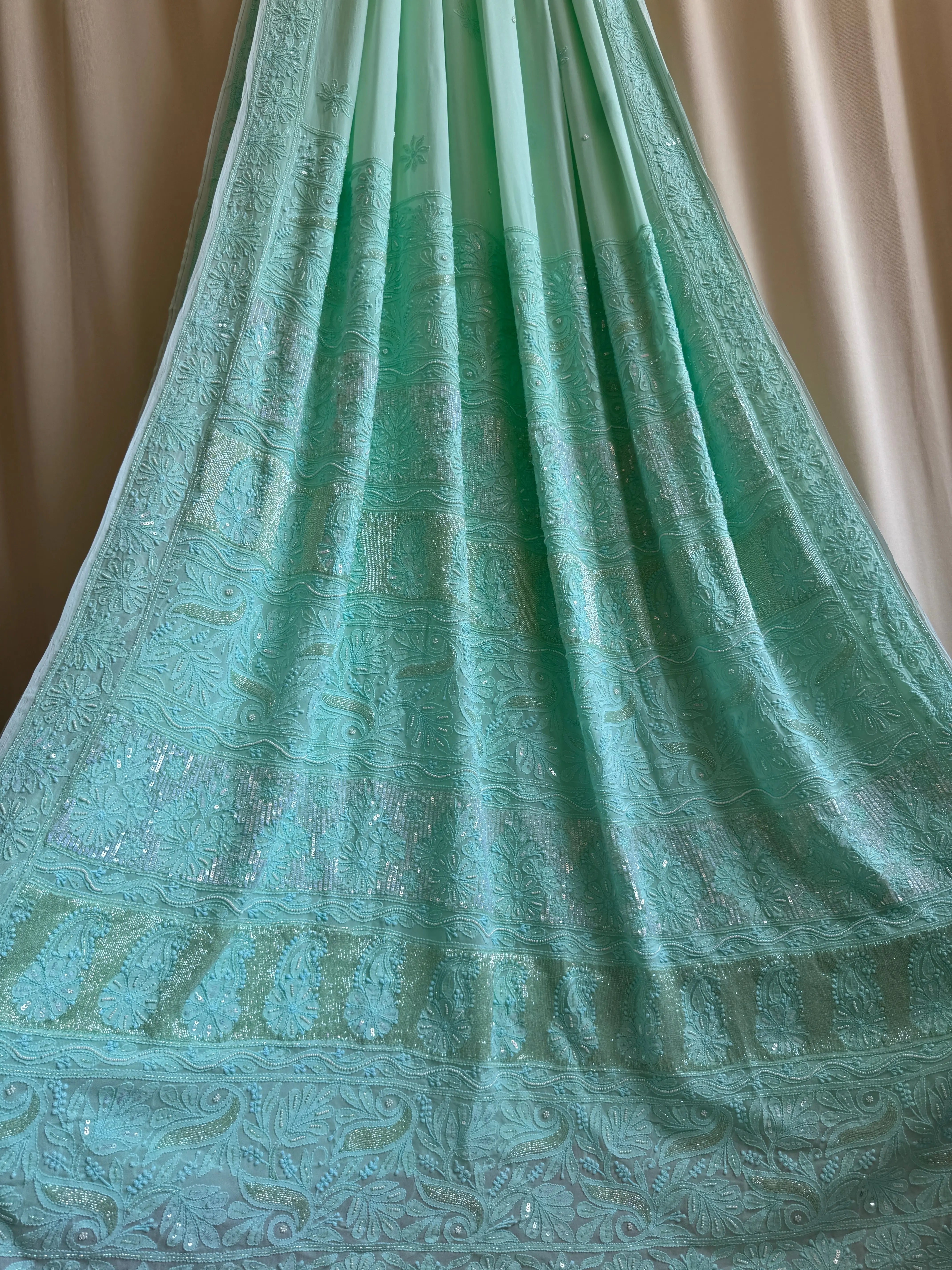 Green Chikankari saree with Pearl embellishments ARIAA CHIKANKARI
