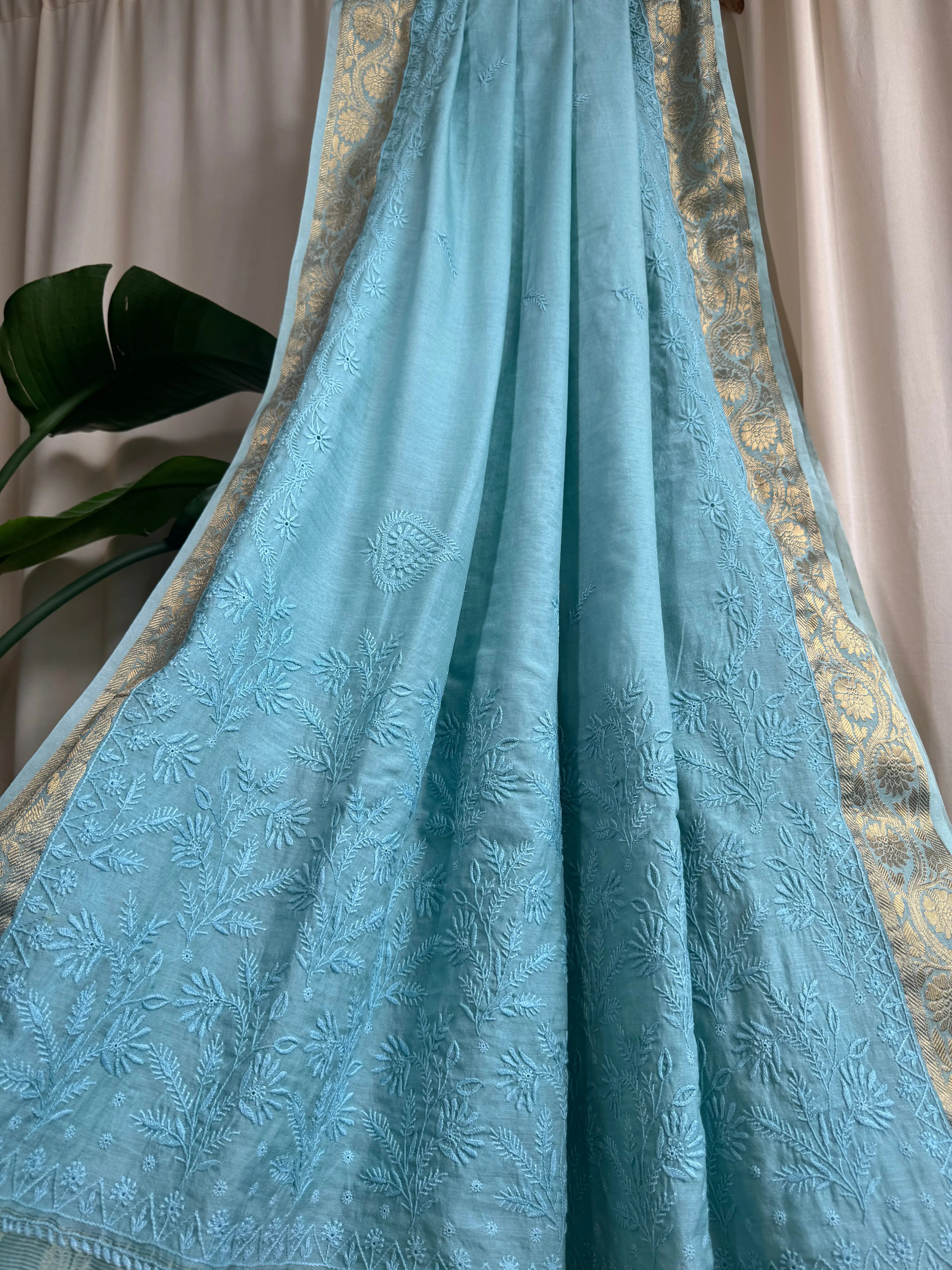 Chanderi Chikankari saree in Blue ARIAA CHIKANKARI