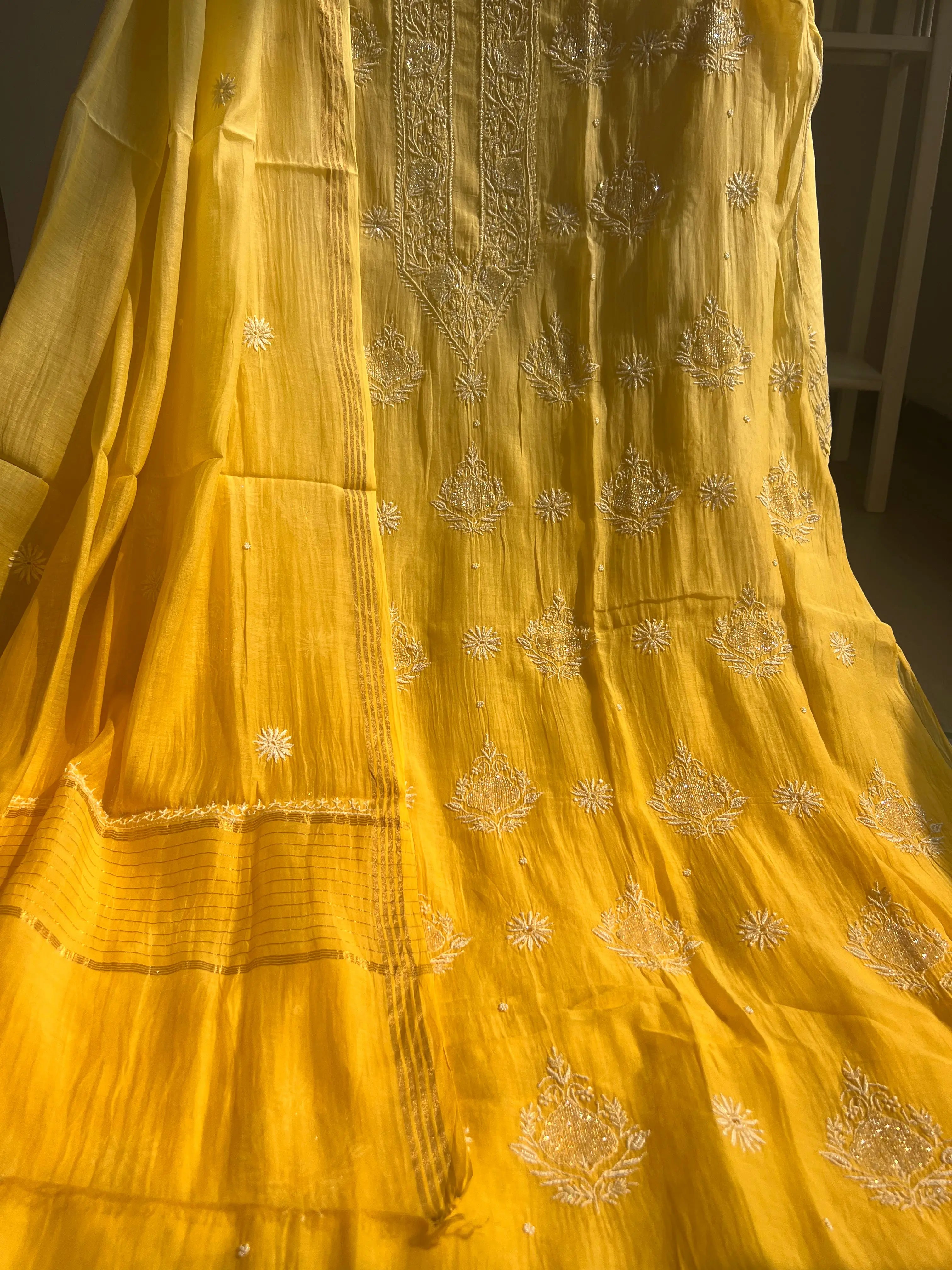 Mul Chanderi Chikankari Anarkali - Yellow ARIAA CHIKANKARI