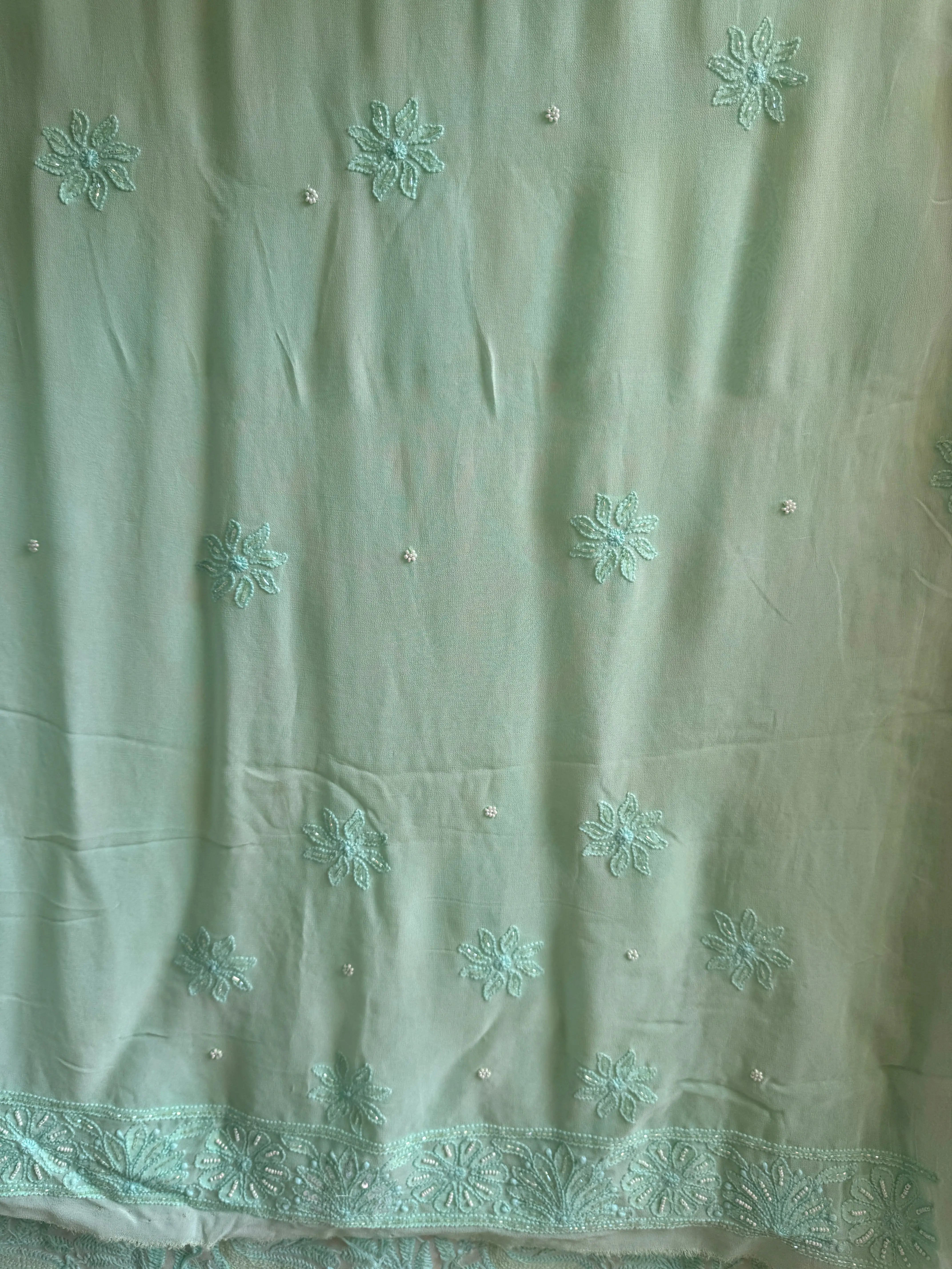 Green Chikankari saree with Pearl embellishments ARIAA CHIKANKARI