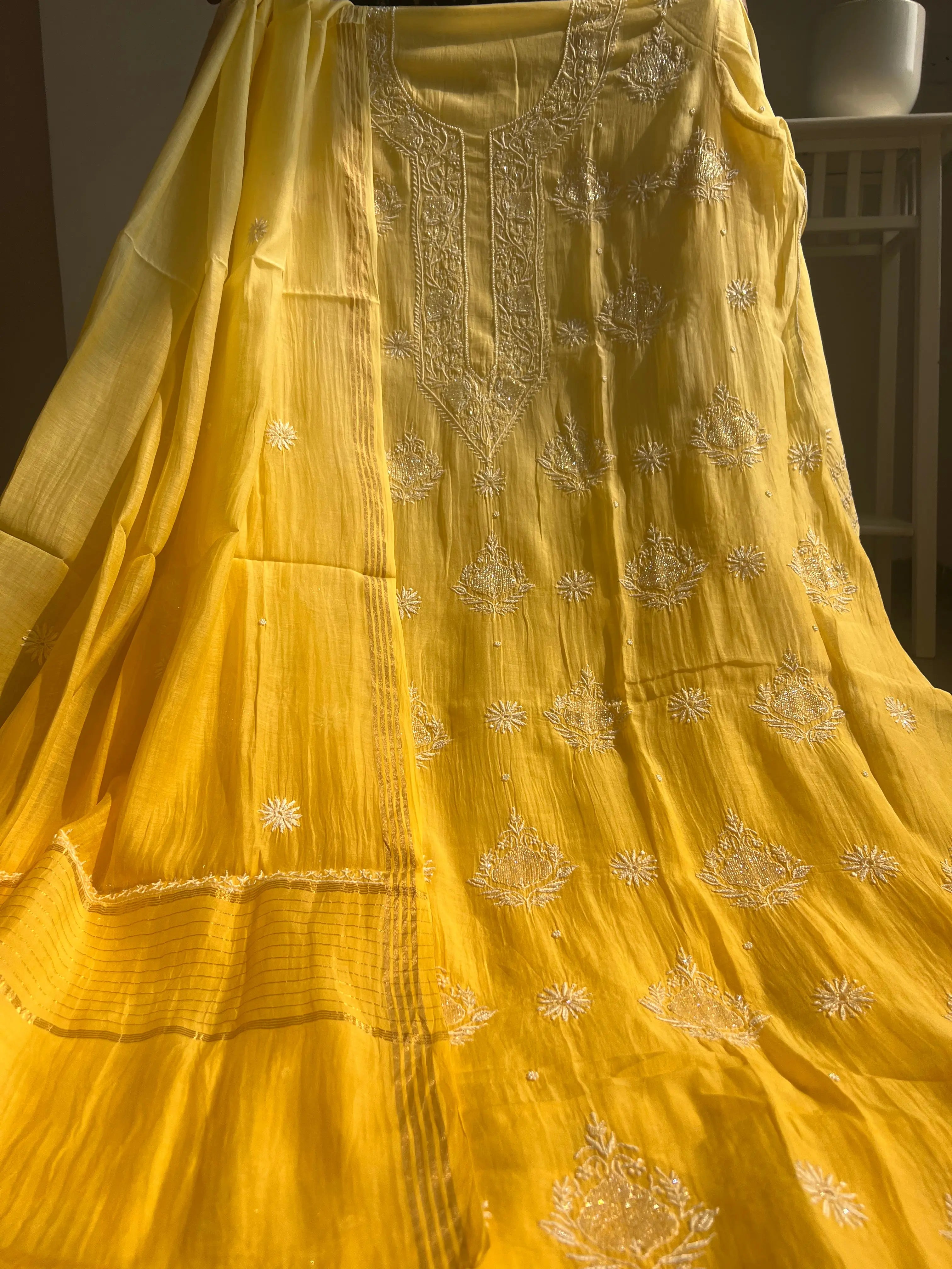 Mul Chanderi Chikankari Anarkali - Yellow ARIAA CHIKANKARI