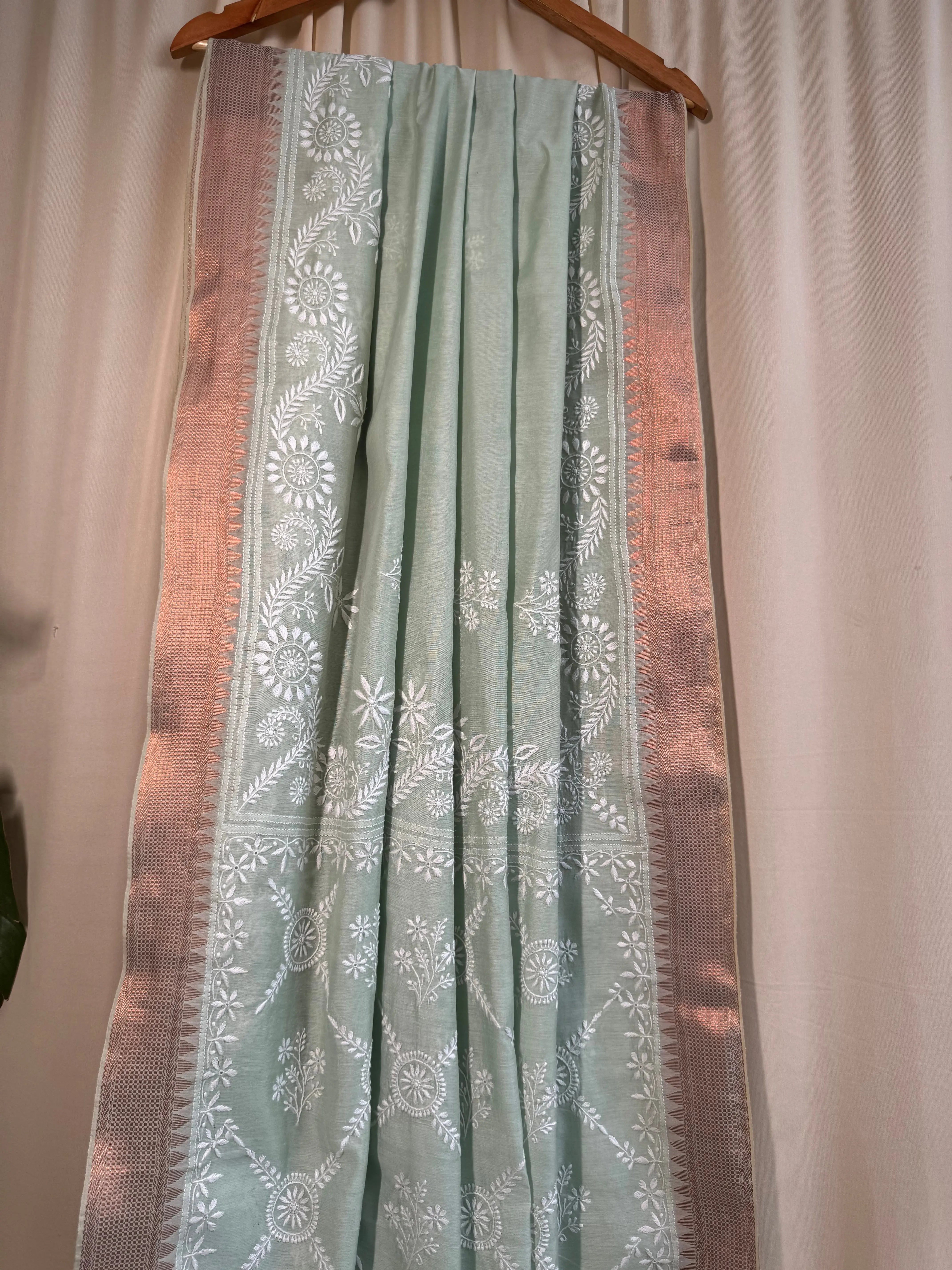 Chanderi Chikankari saree in Sage Green ARIAA CHIKANKARI