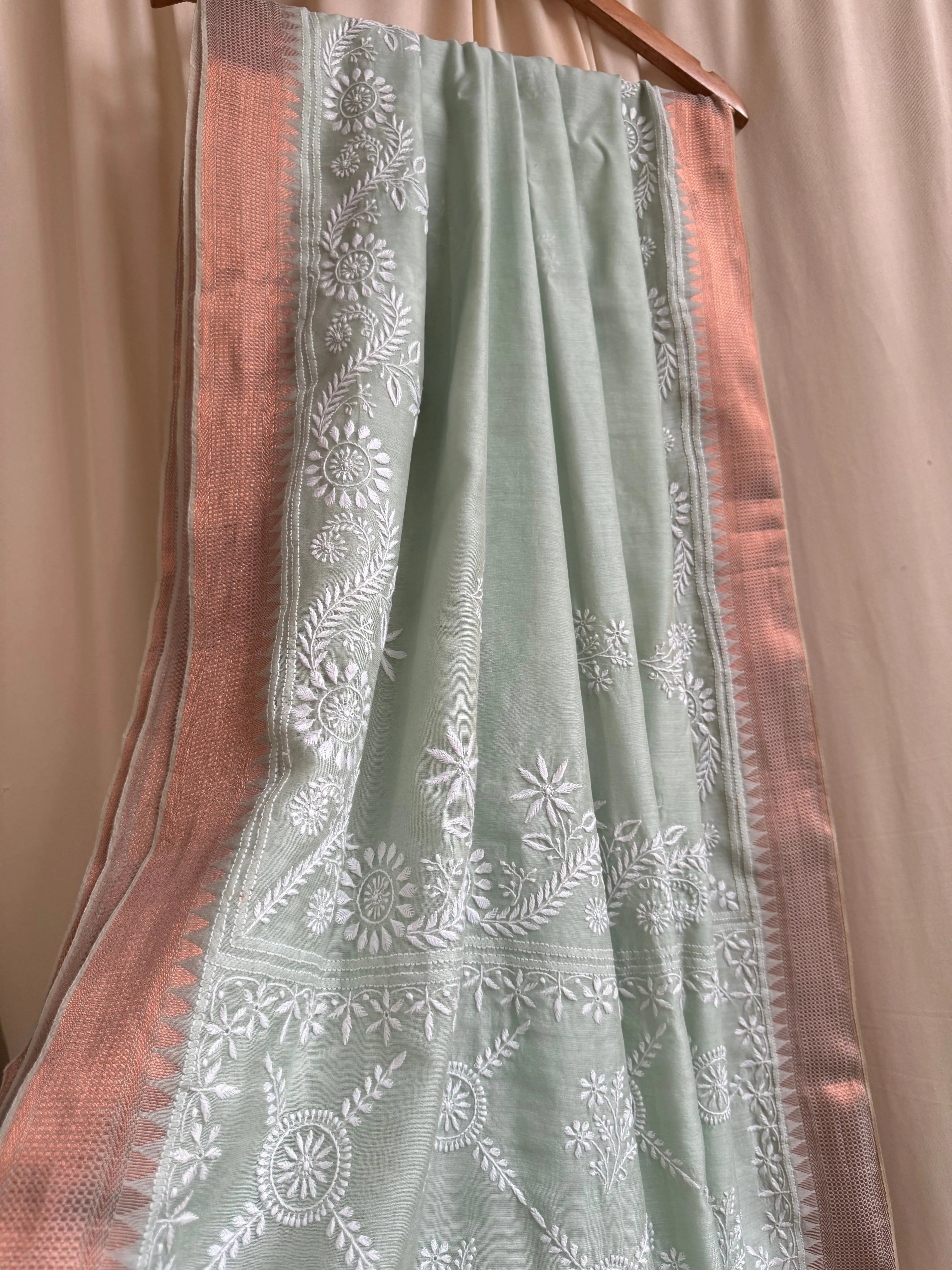 Chanderi Chikankari saree in Sage Green ARIAA CHIKANKARI