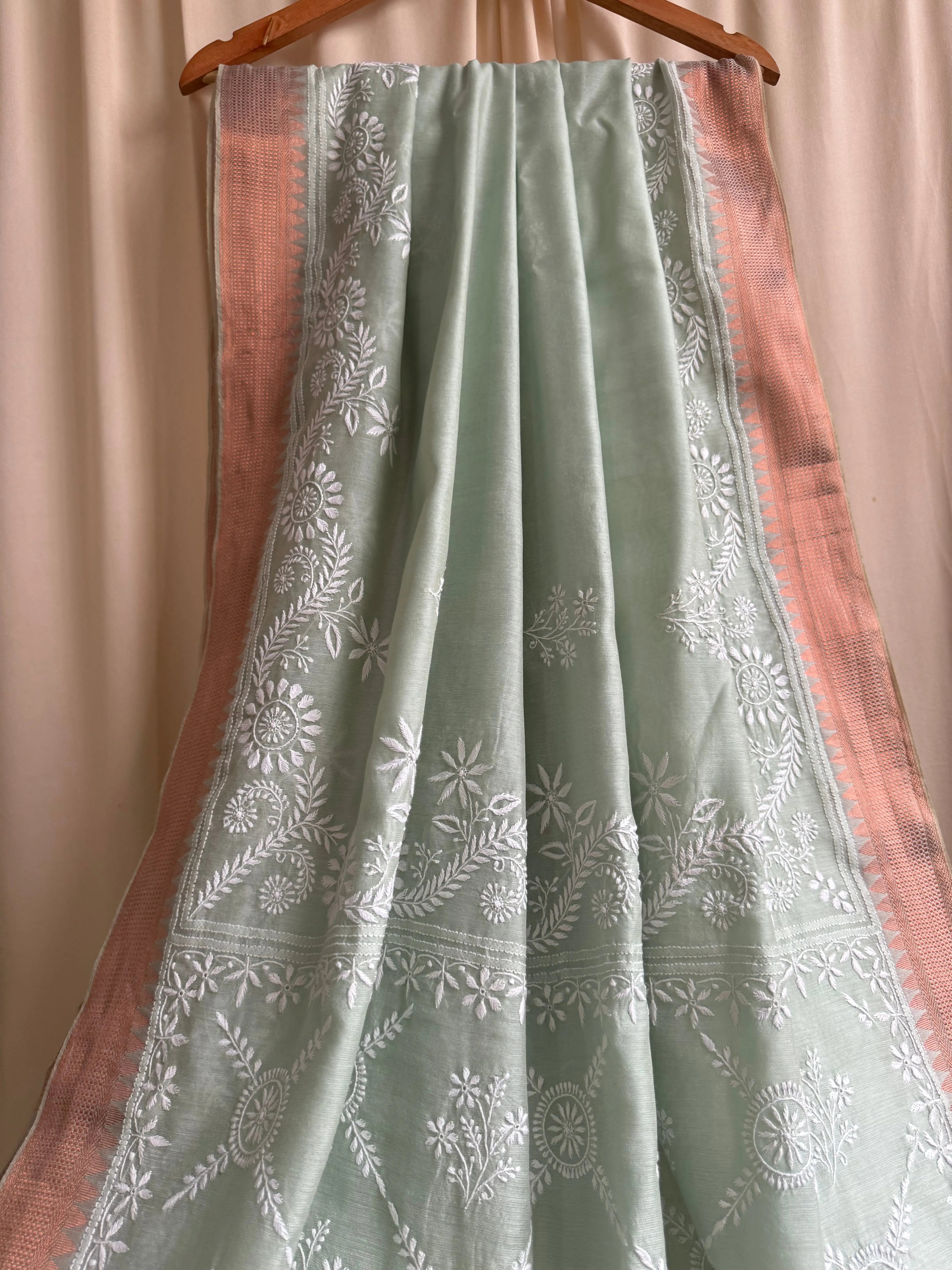 Chanderi Chikankari saree in Sage Green ARIAA CHIKANKARI