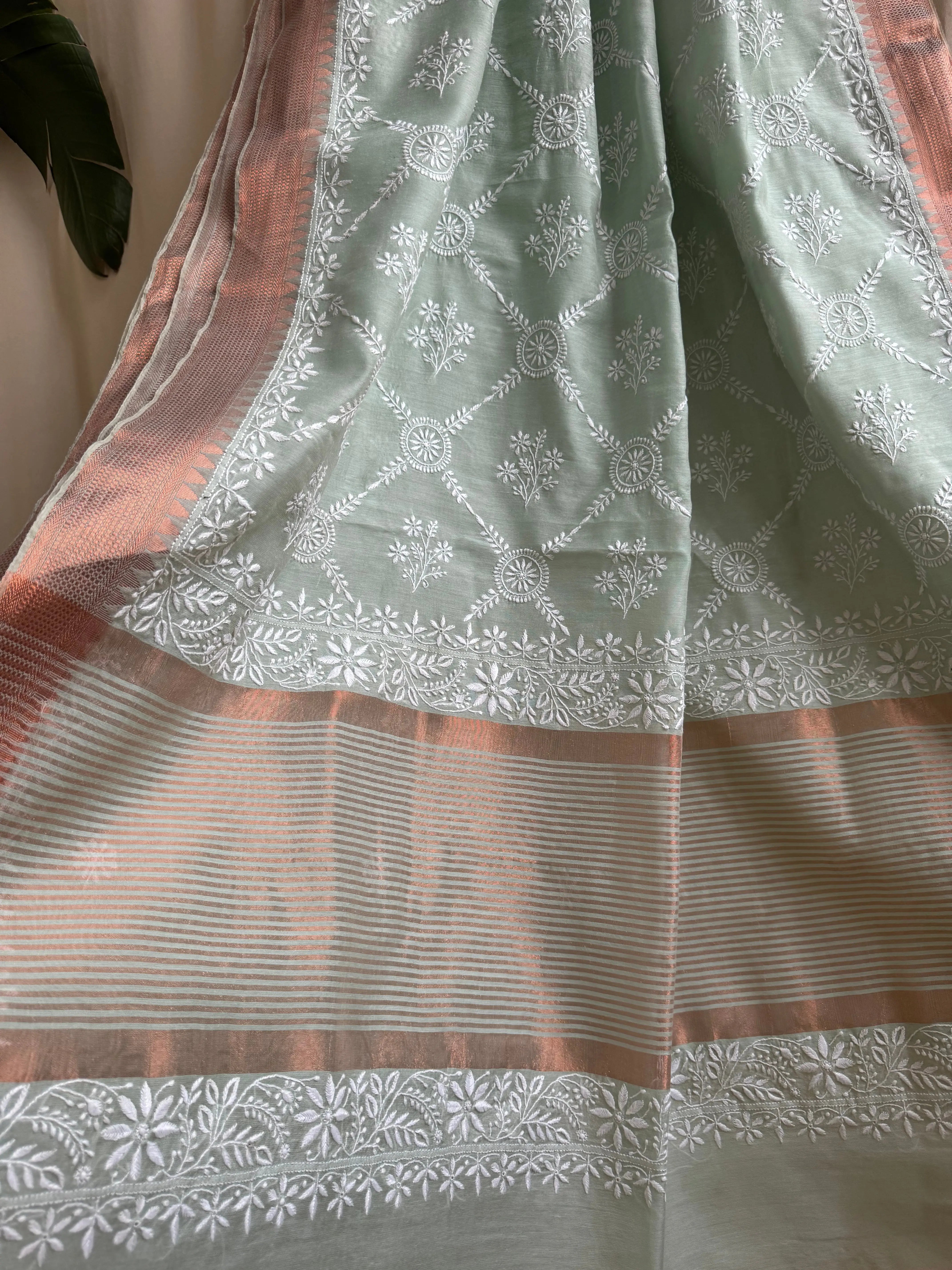 Chanderi Chikankari saree in Sage Green ARIAA CHIKANKARI