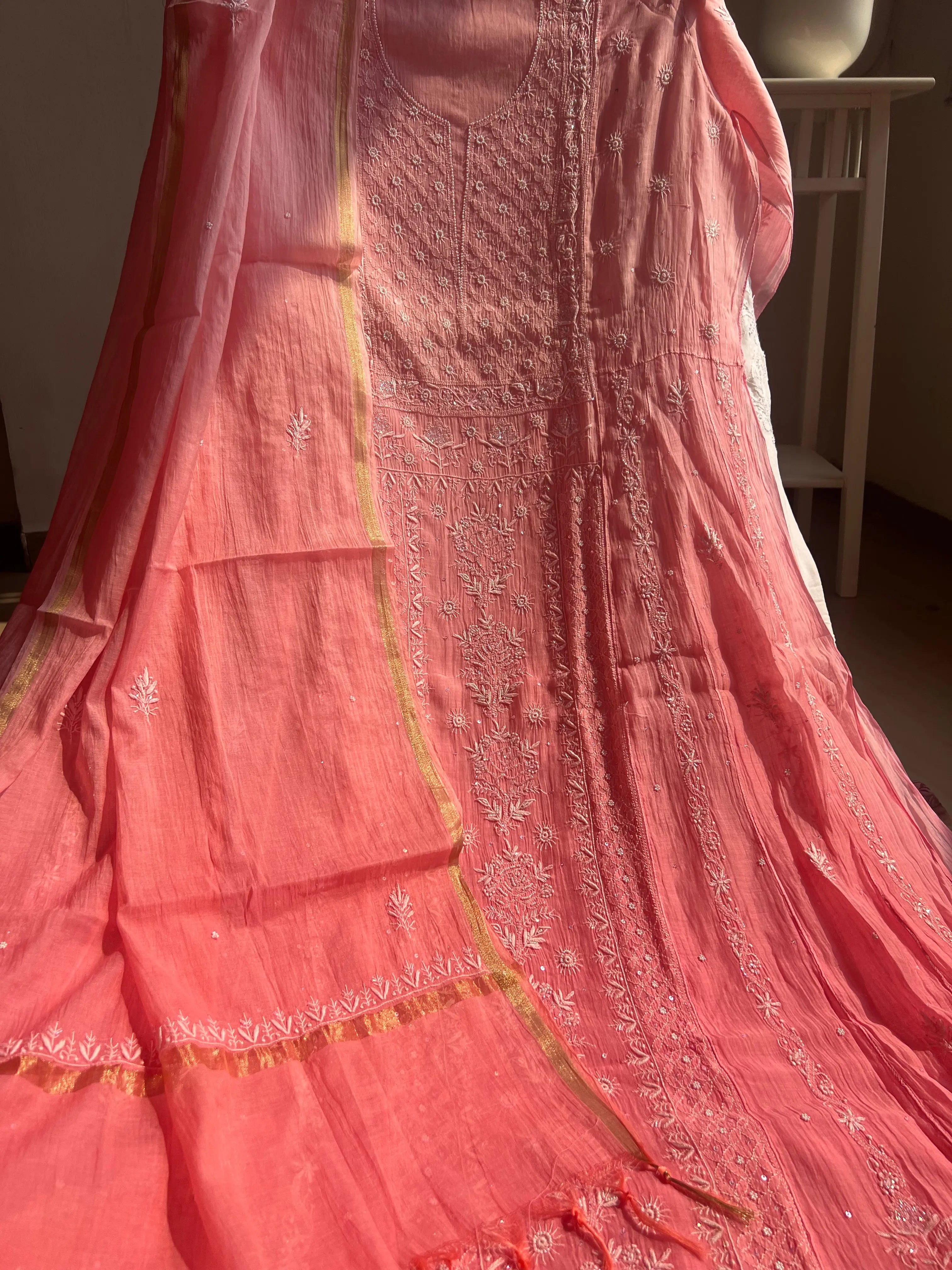 Mul Chanderi Chikankari Anarkali - Pink Ombre ARIAA CHIKANKARI