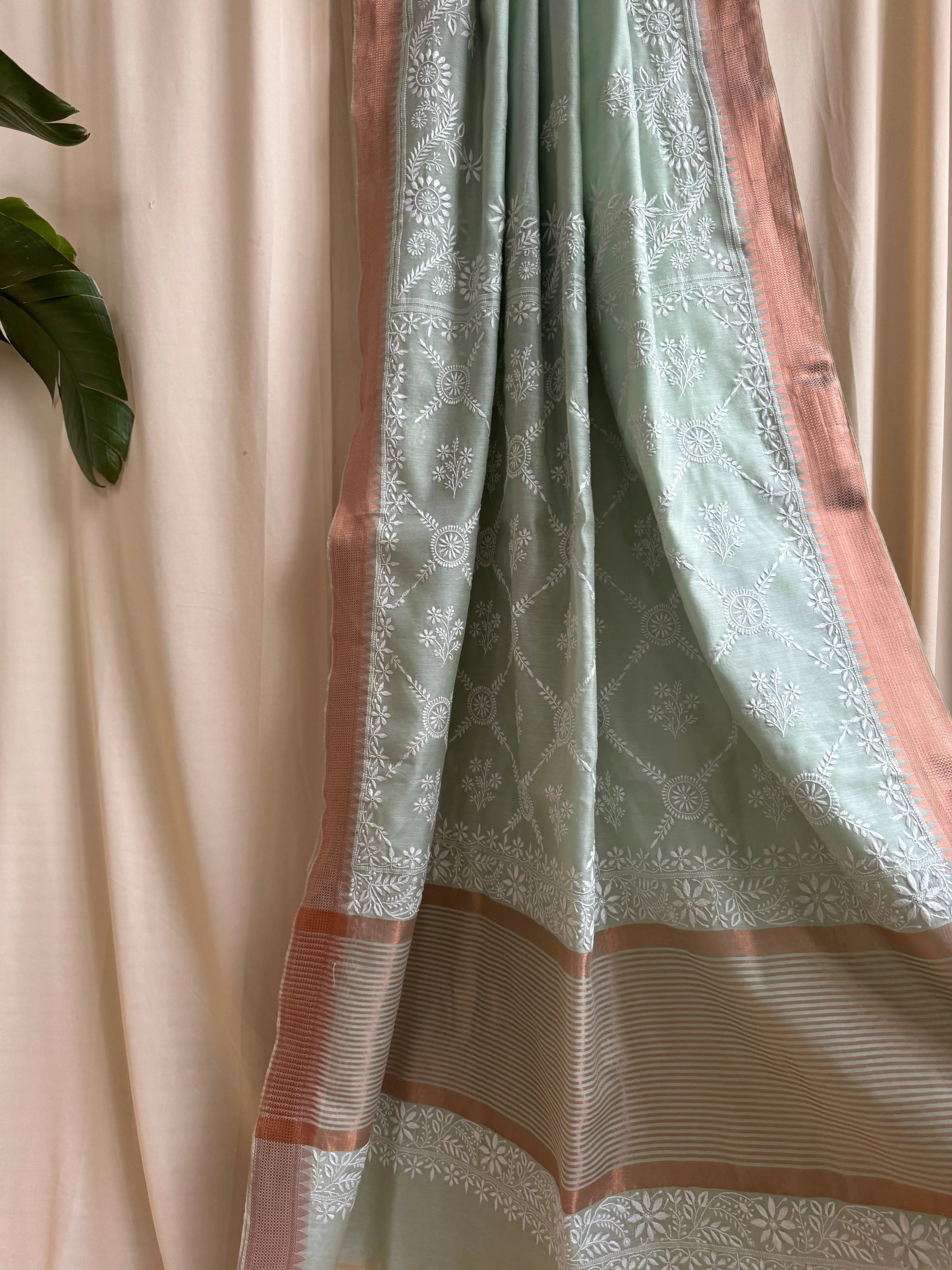 Chanderi Chikankari saree in Sage Green ARIAA CHIKANKARI