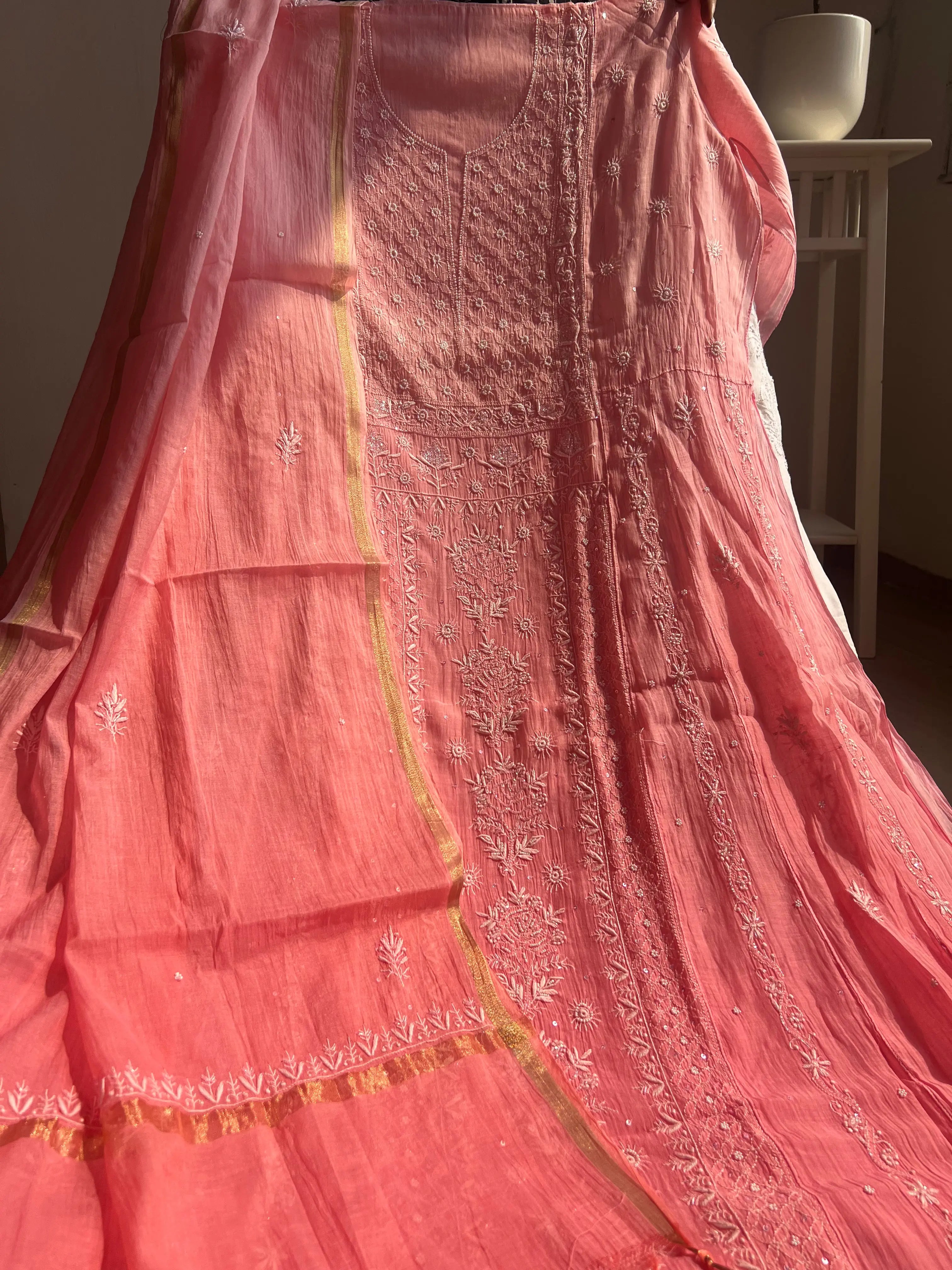 Mul Chanderi Chikankari Anarkali - Pink Ombre ARIAA CHIKANKARI