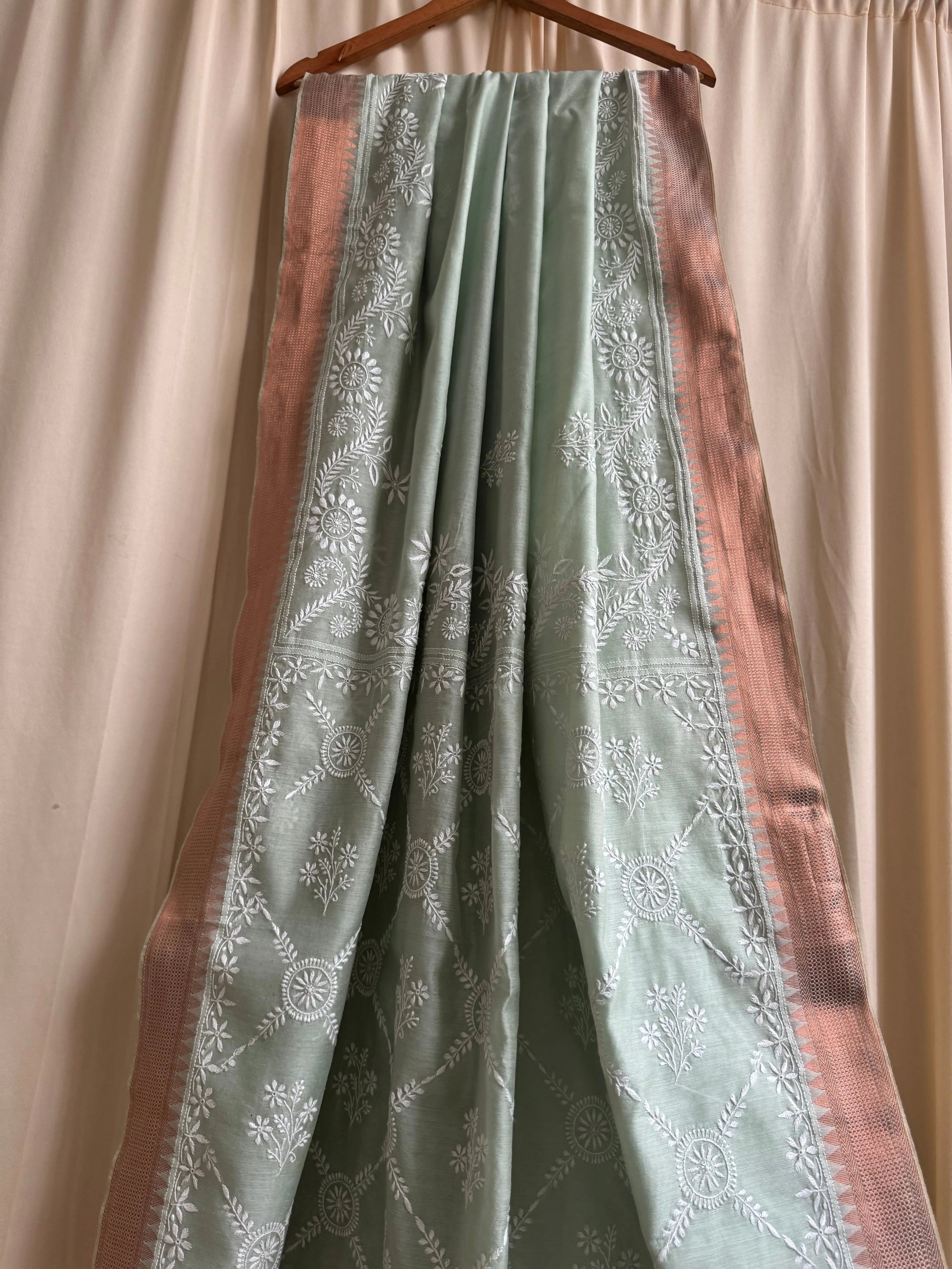 Chanderi Chikankari saree in Sage Green ARIAA CHIKANKARI