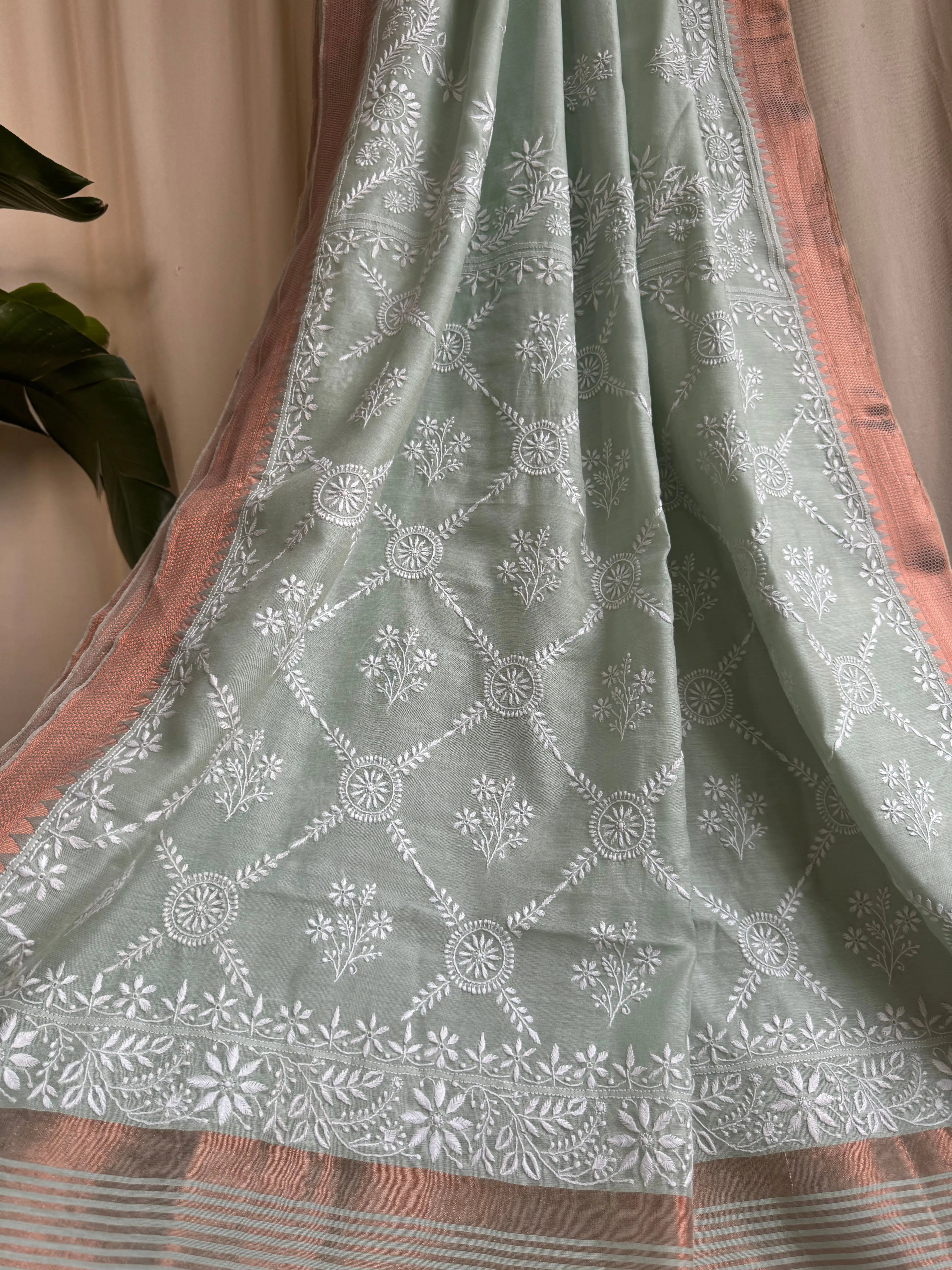 Chanderi Chikankari saree in Sage Green ARIAA CHIKANKARI