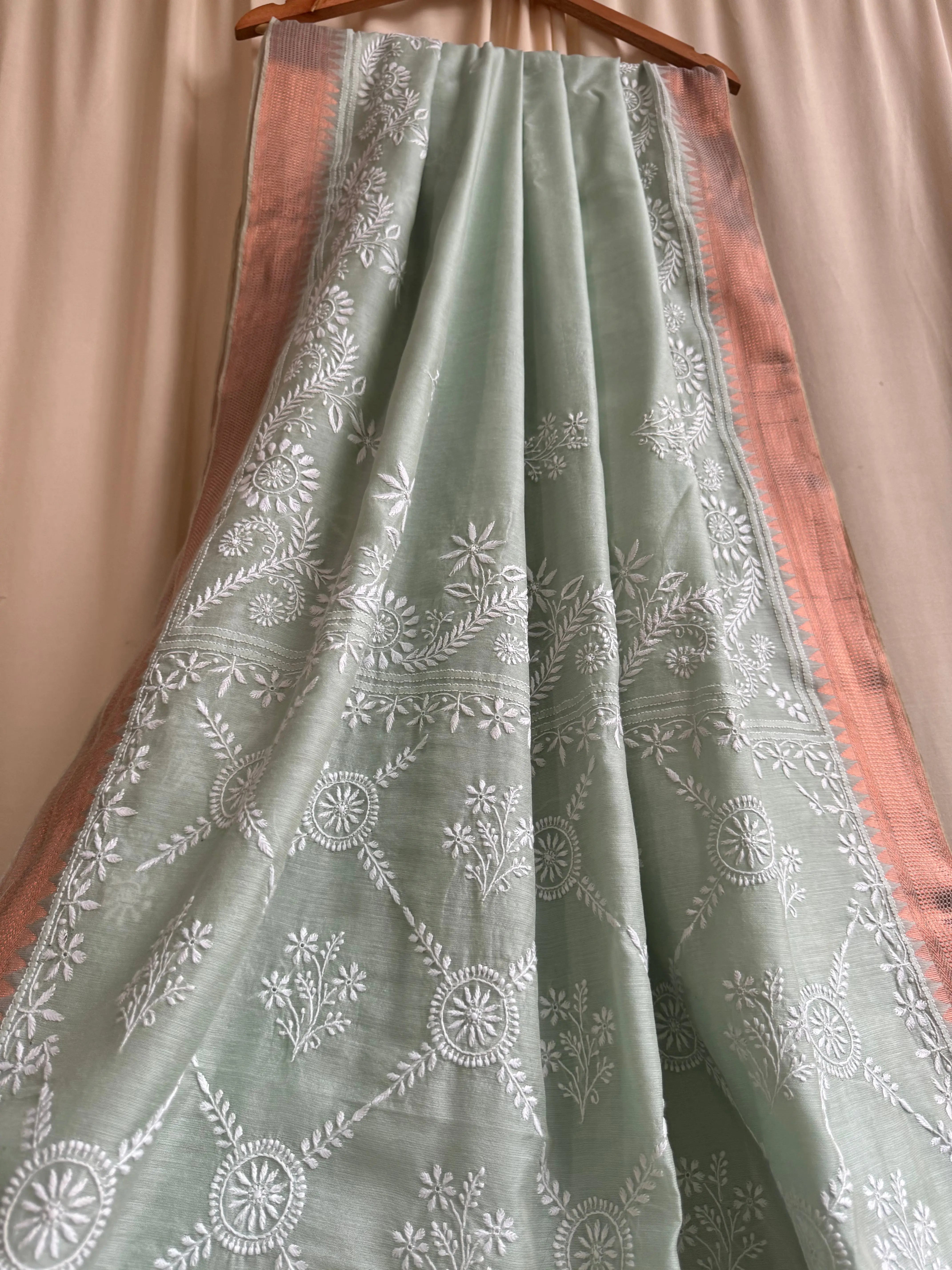 Chanderi Chikankari saree in Sage Green ARIAA CHIKANKARI