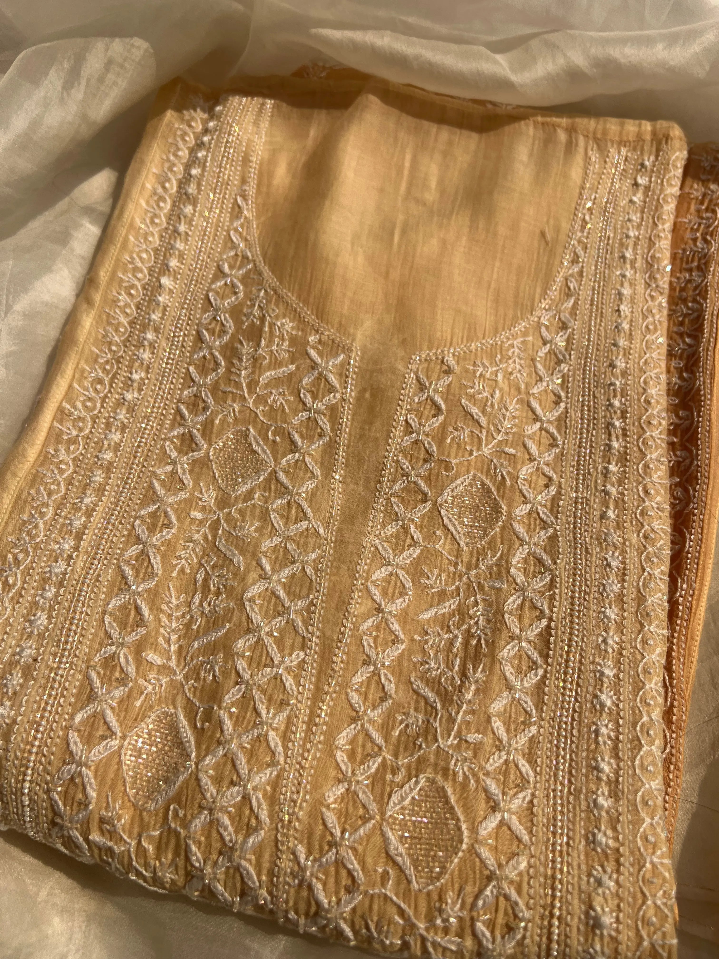 Mul Chanderi Chikankari Anarkali - Beige Ombre ARIAA CHIKANKARI