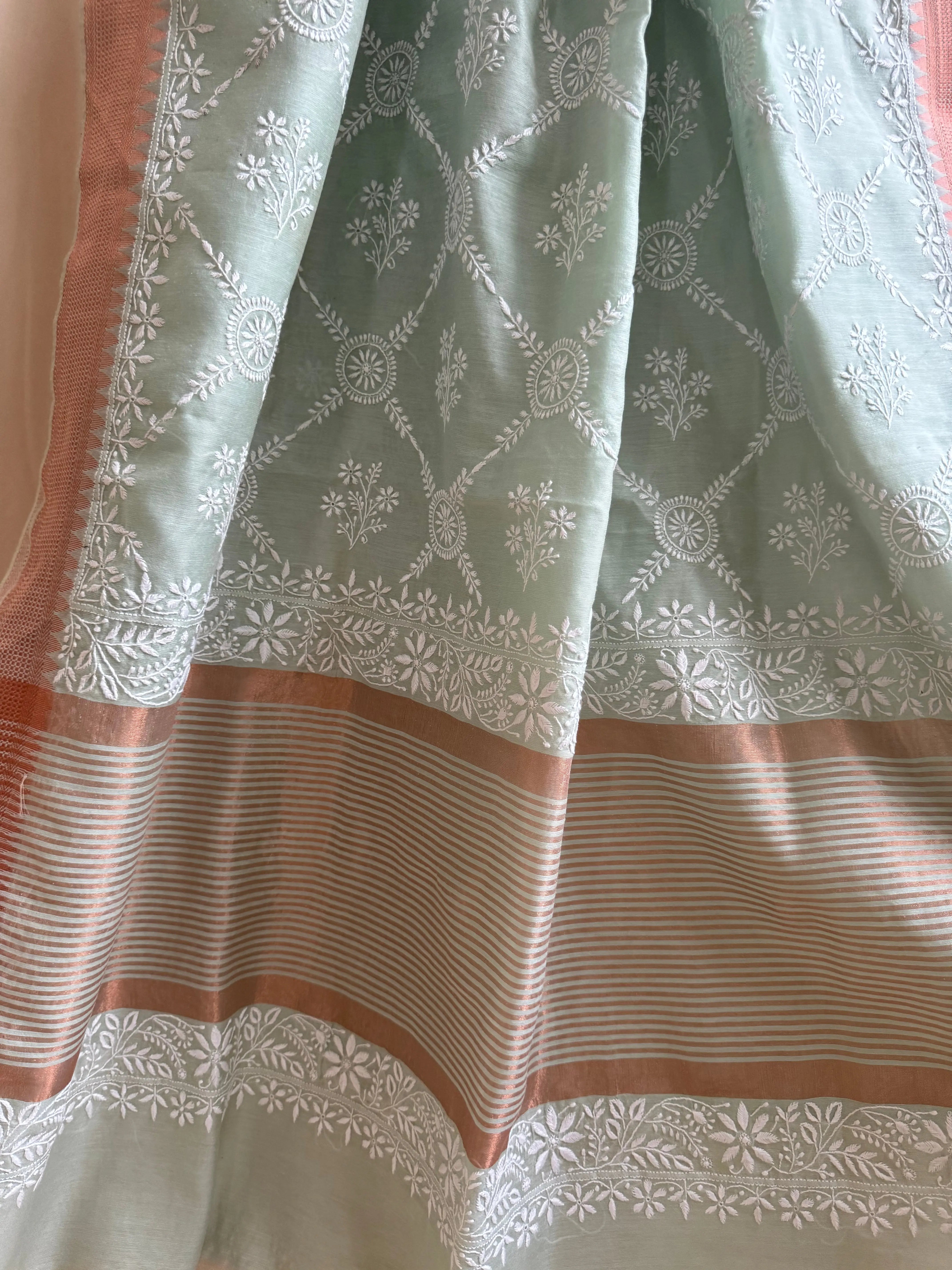 Chanderi Chikankari saree in Sage Green ARIAA CHIKANKARI