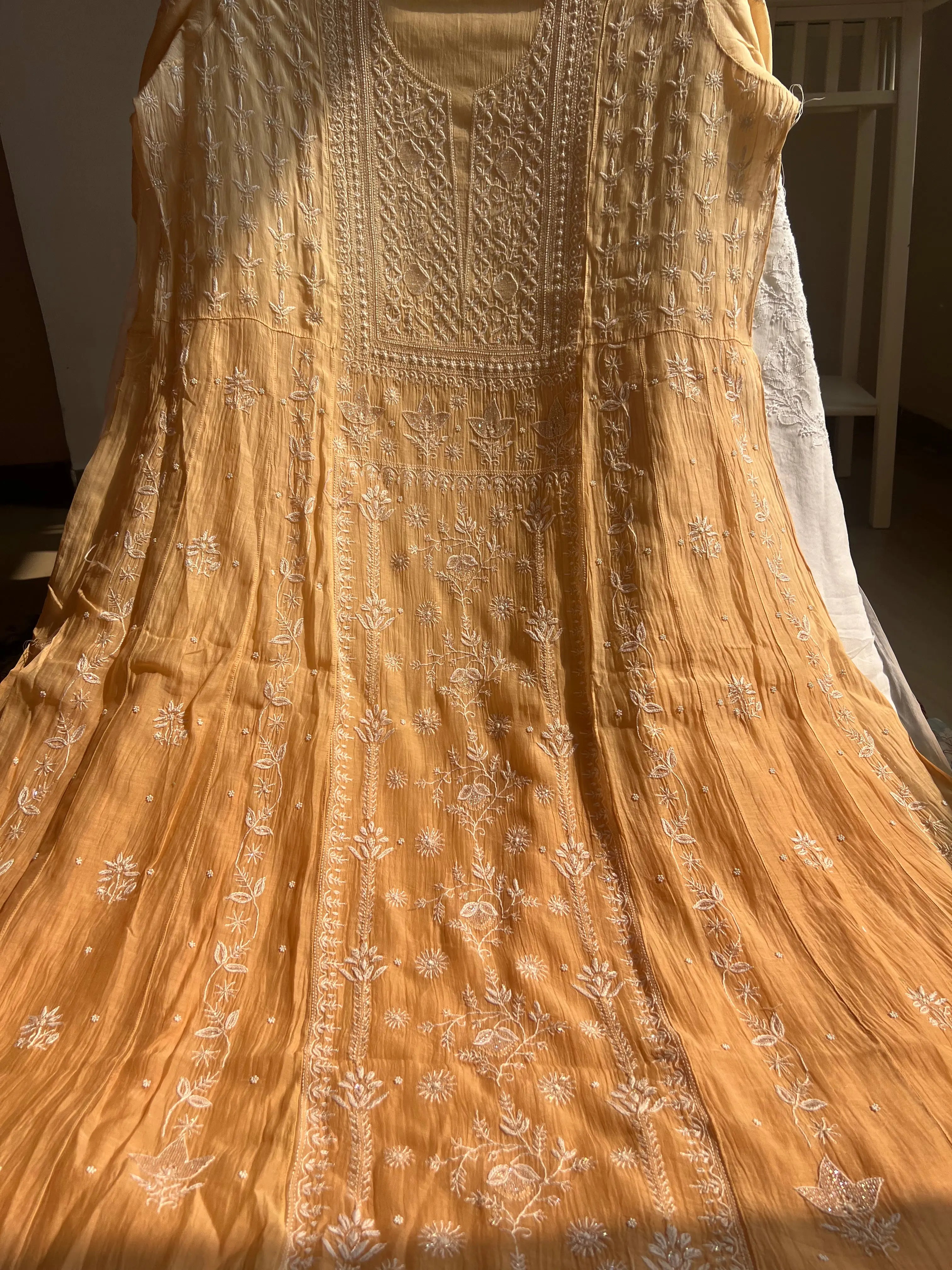 Mul Chanderi Chikankari Anarkali - Beige Ombre ARIAA CHIKANKARI