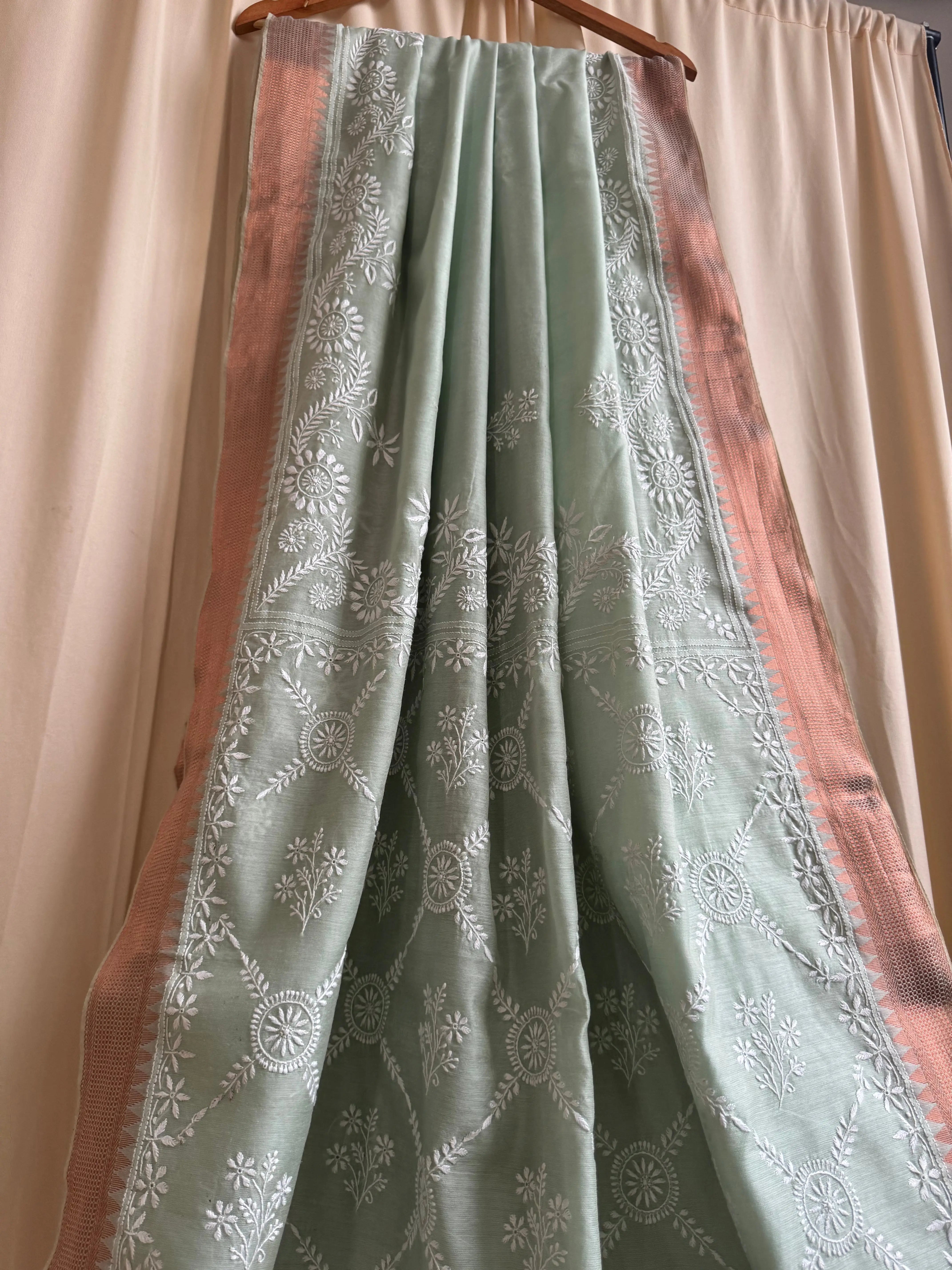 Chanderi Chikankari saree in Sage Green ARIAA CHIKANKARI