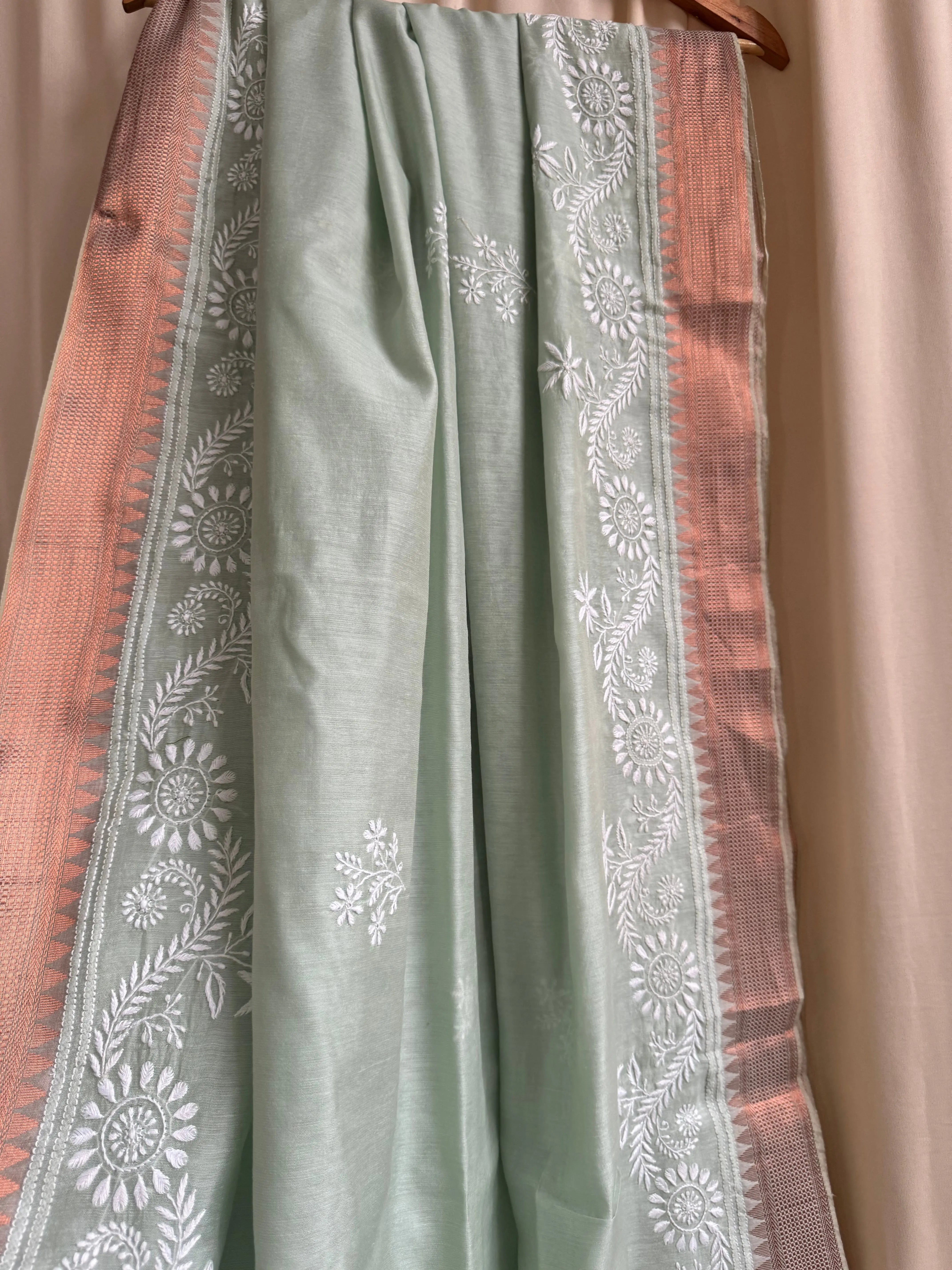 Chanderi Chikankari saree in Sage Green ARIAA CHIKANKARI