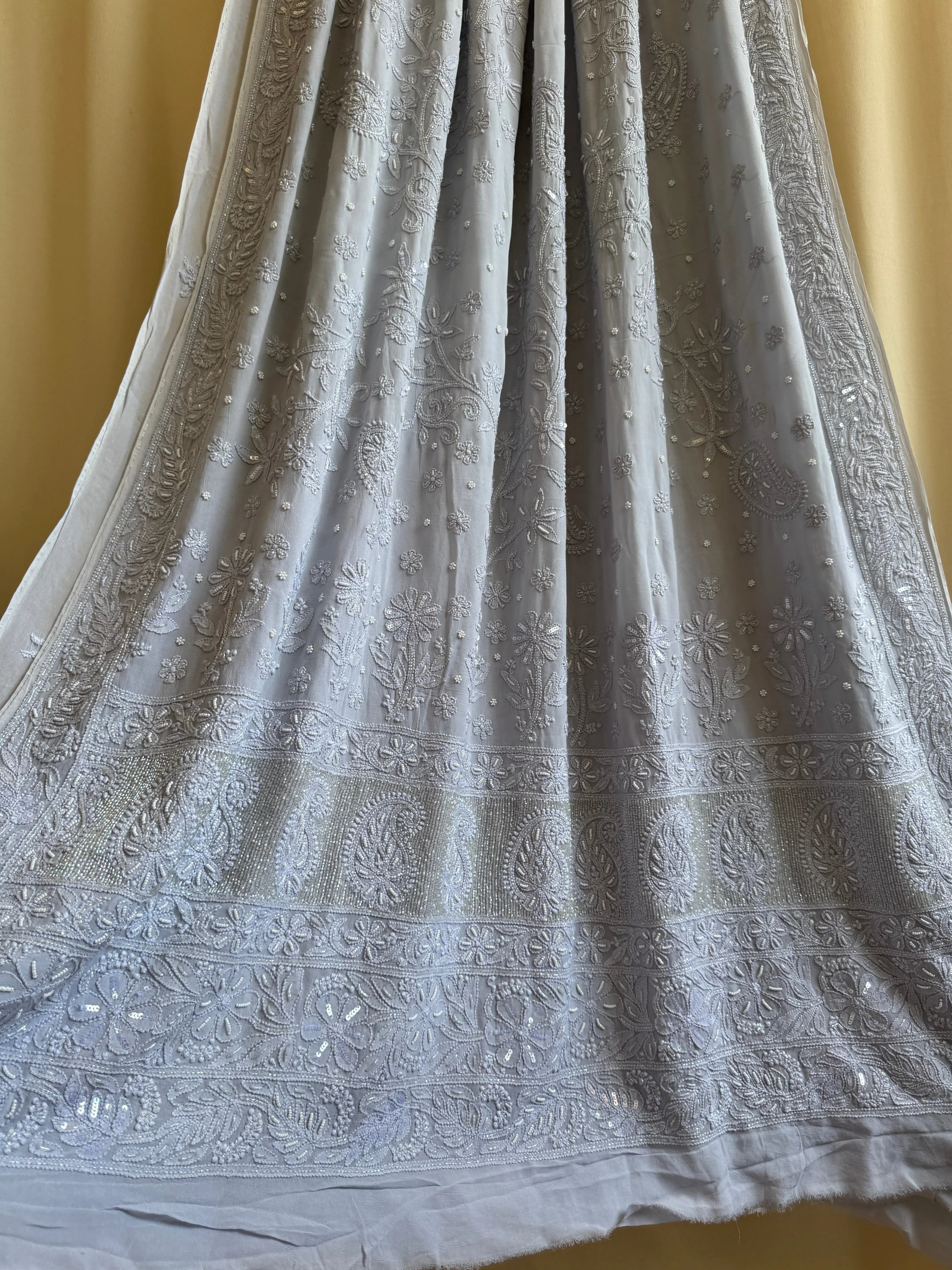 Viscose Light cool grey Chikankari saree with Pearl embellishments ARIAA CHIKANKARI