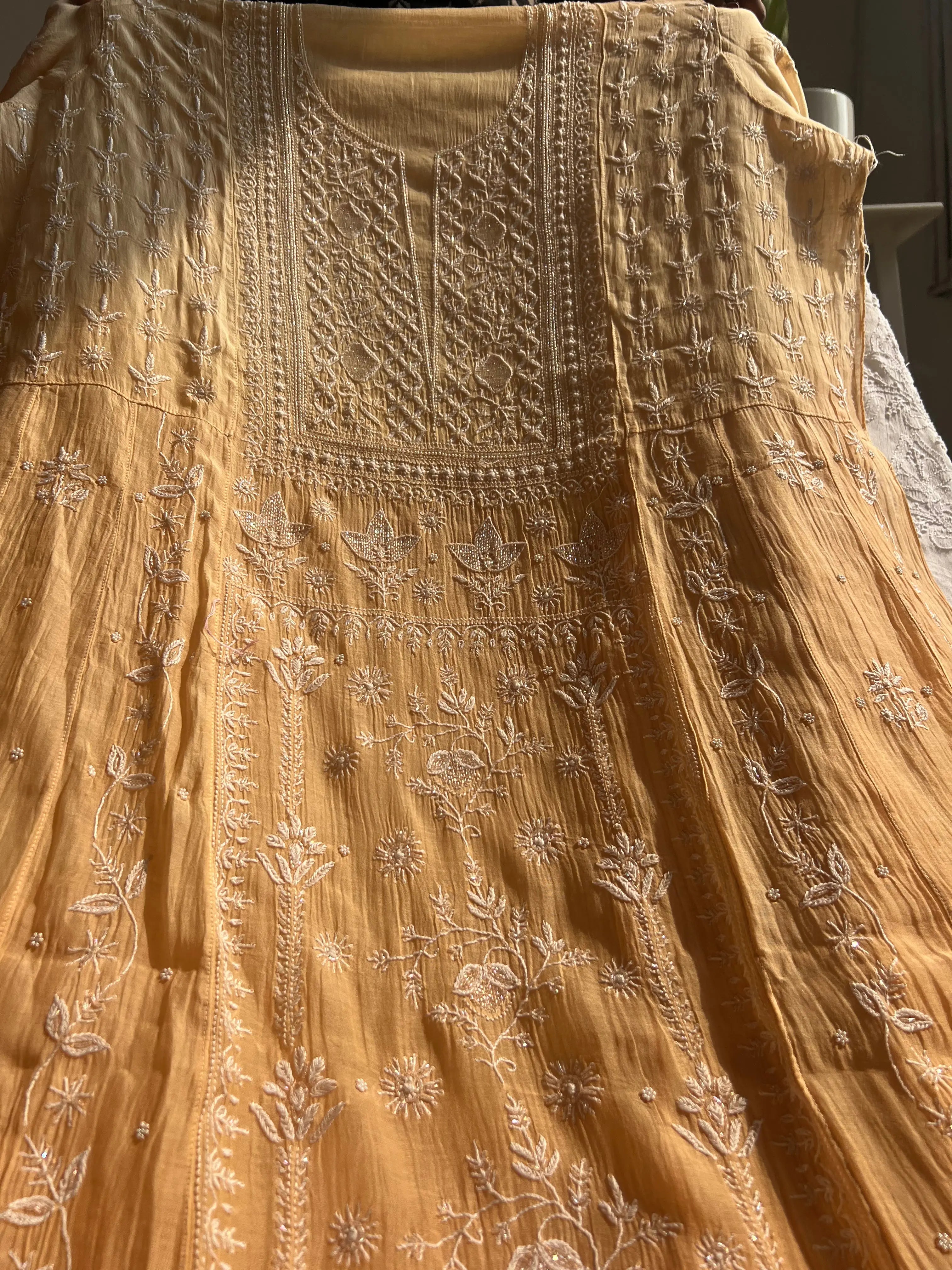 Mul Chanderi Chikankari Anarkali - Beige Ombre ARIAA CHIKANKARI