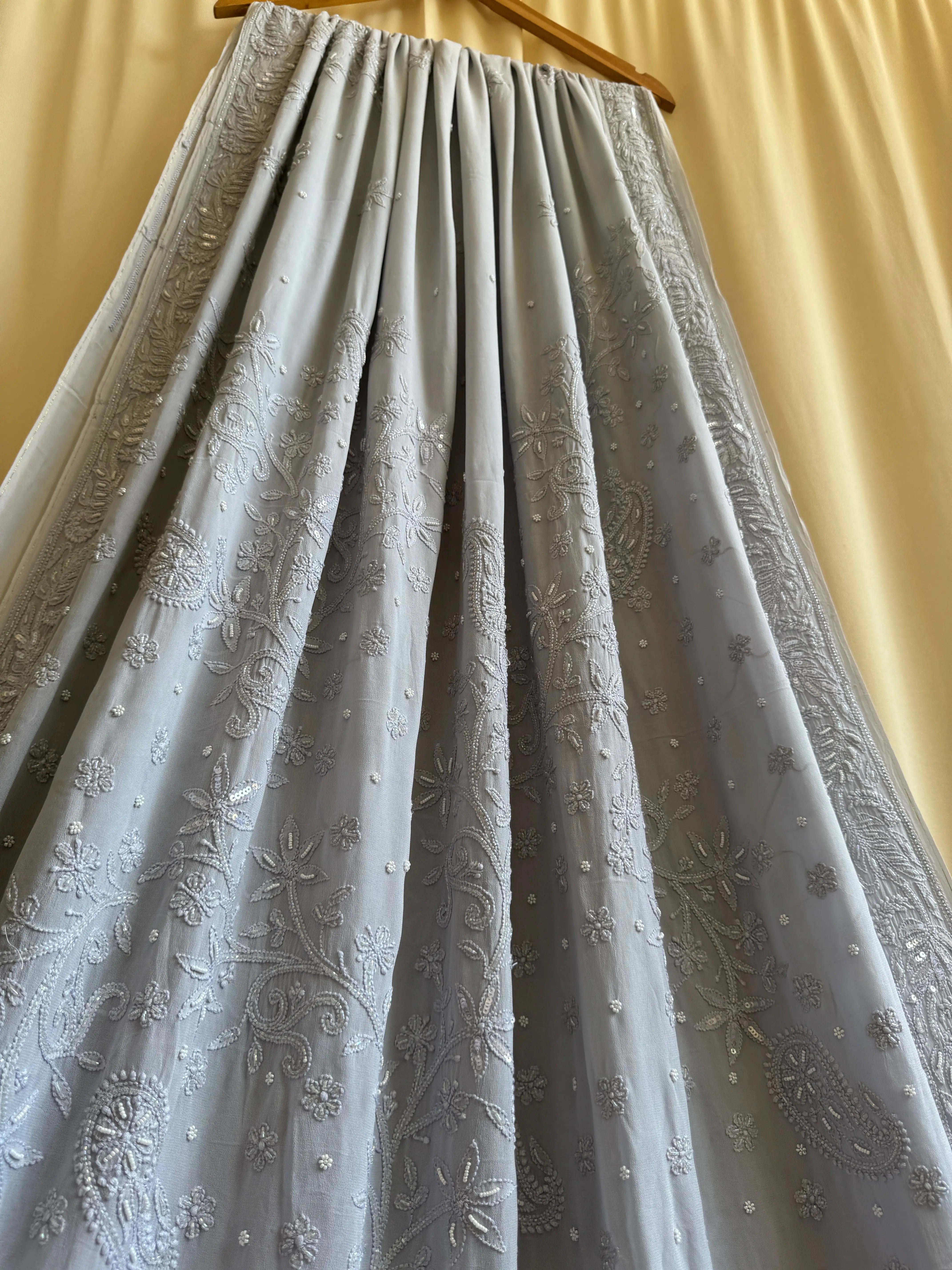 Viscose Light cool grey Chikankari saree with Pearl embellishments ARIAA CHIKANKARI