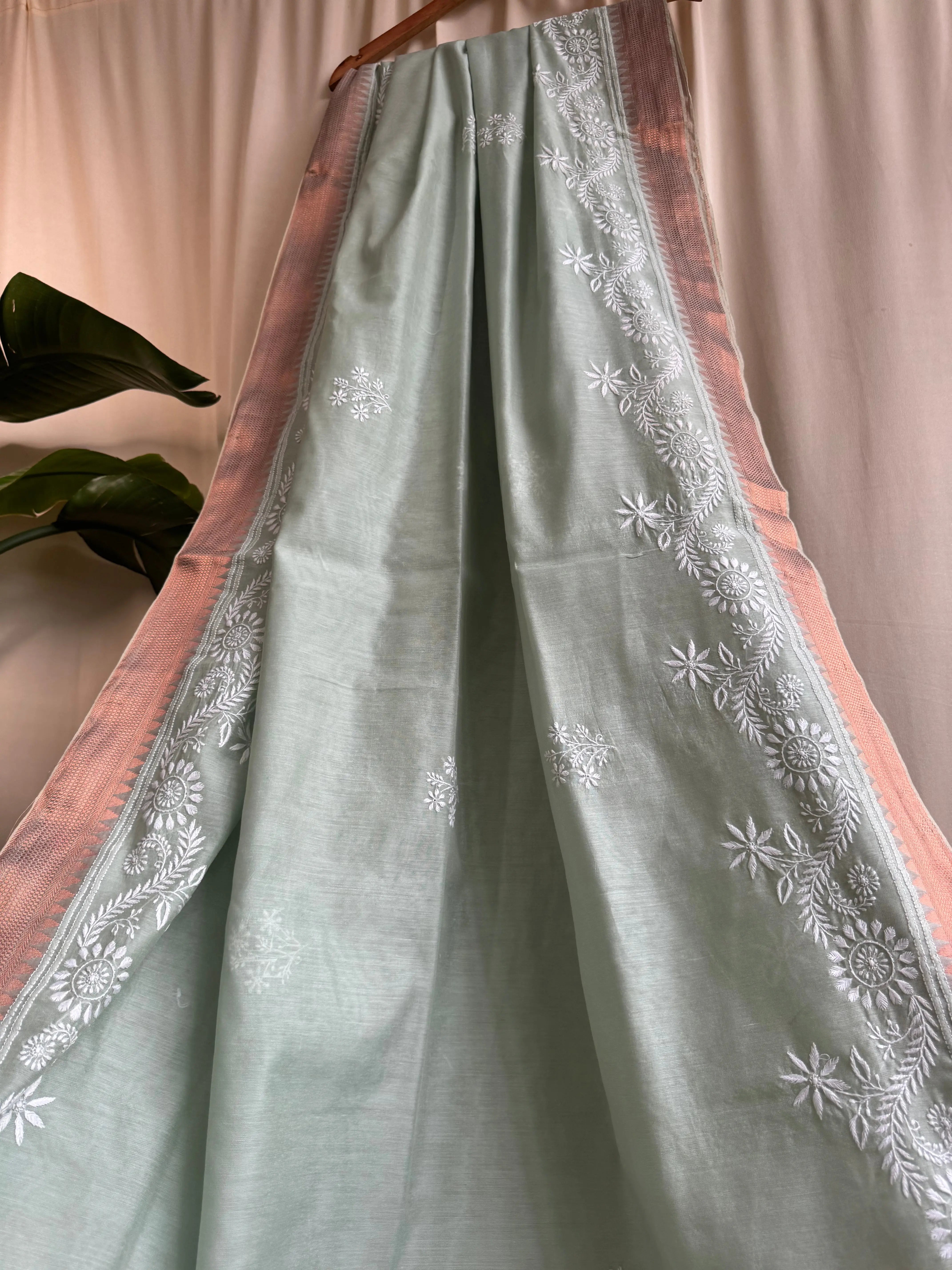 Chanderi Chikankari saree in Sage Green ARIAA CHIKANKARI