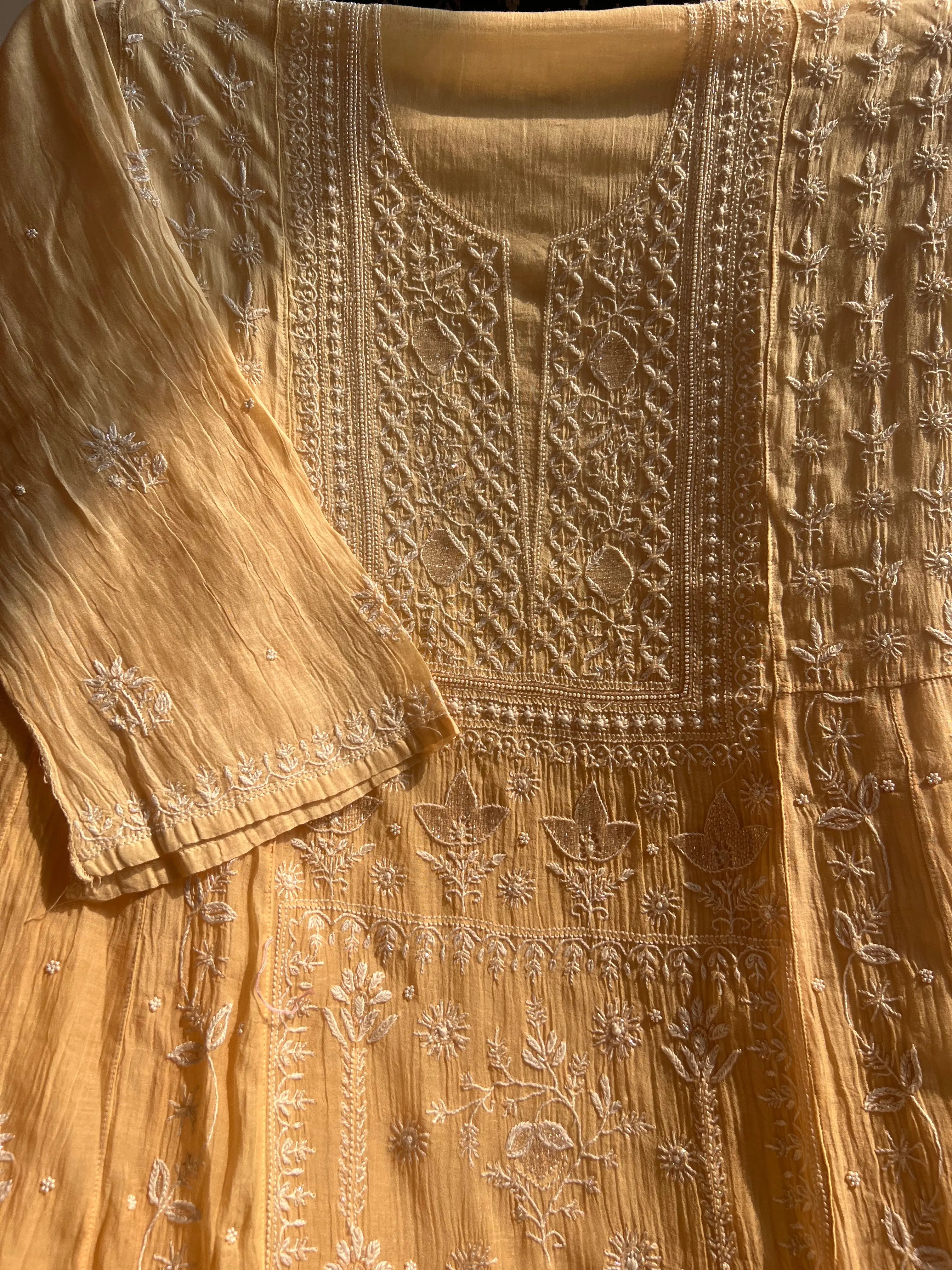 Mul Chanderi Chikankari Anarkali - Beige Ombre ARIAA CHIKANKARI