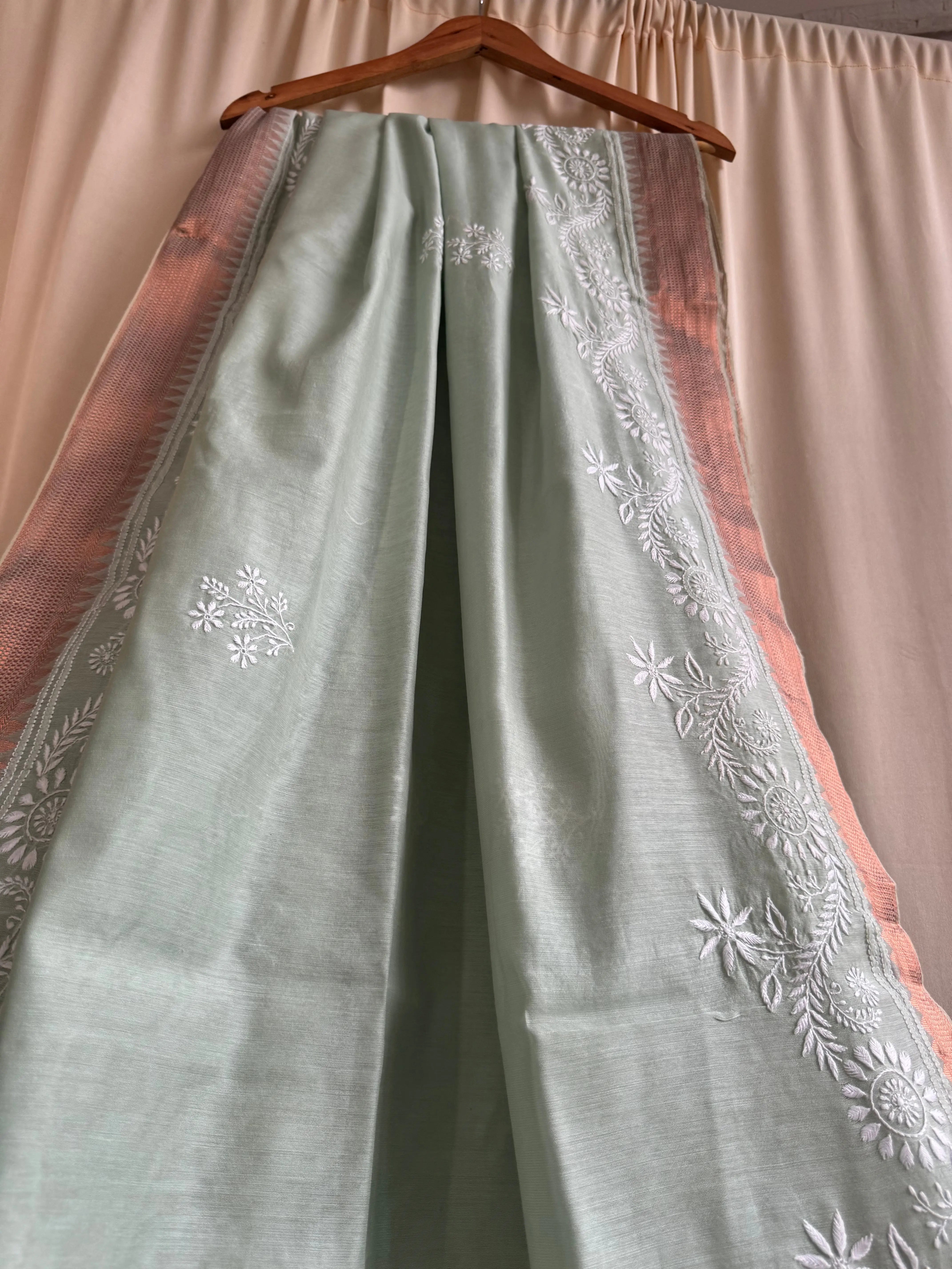Chanderi Chikankari saree in Sage Green ARIAA CHIKANKARI