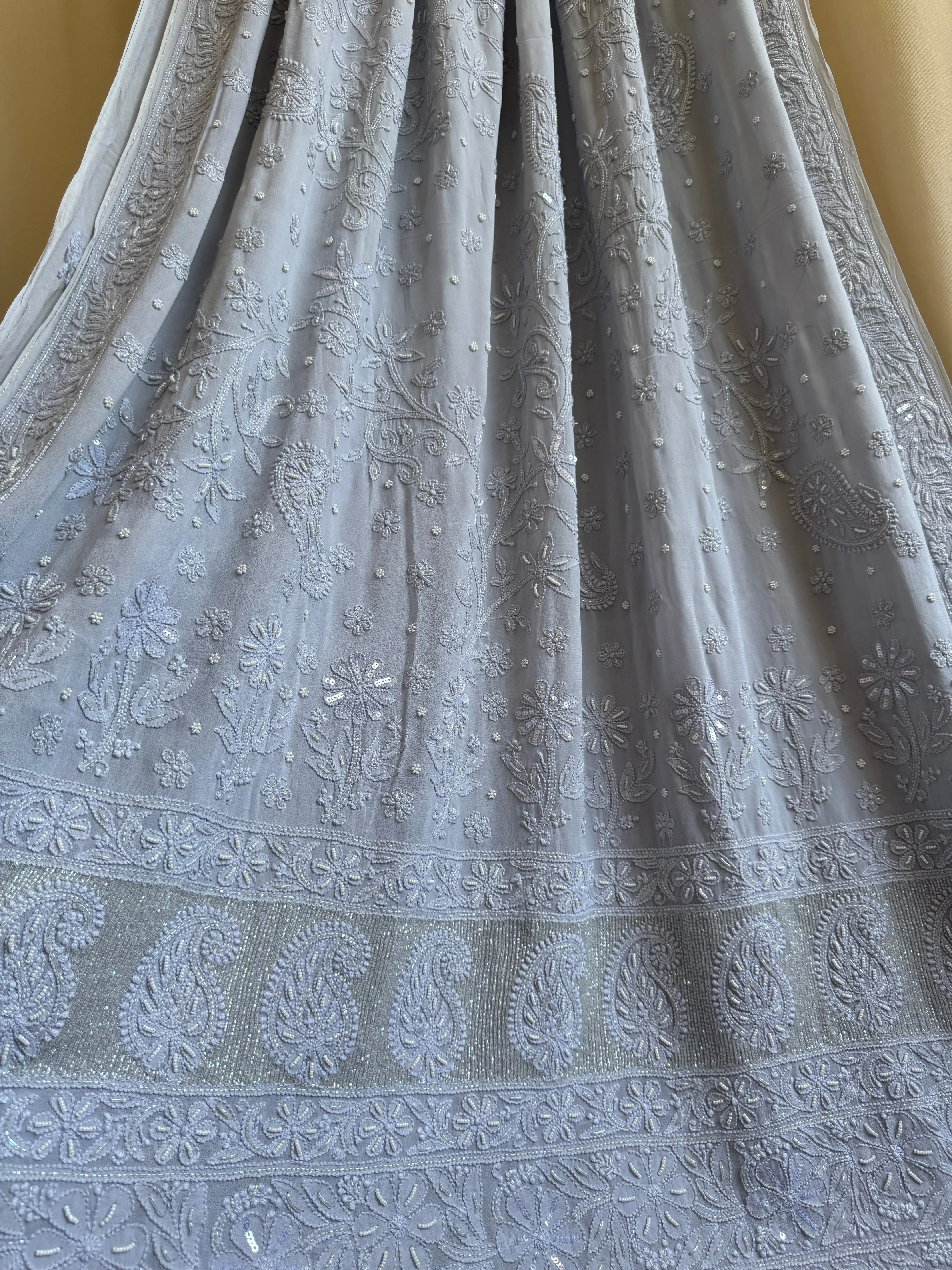 Viscose Light cool grey Chikankari saree with Pearl embellishments ARIAA CHIKANKARI