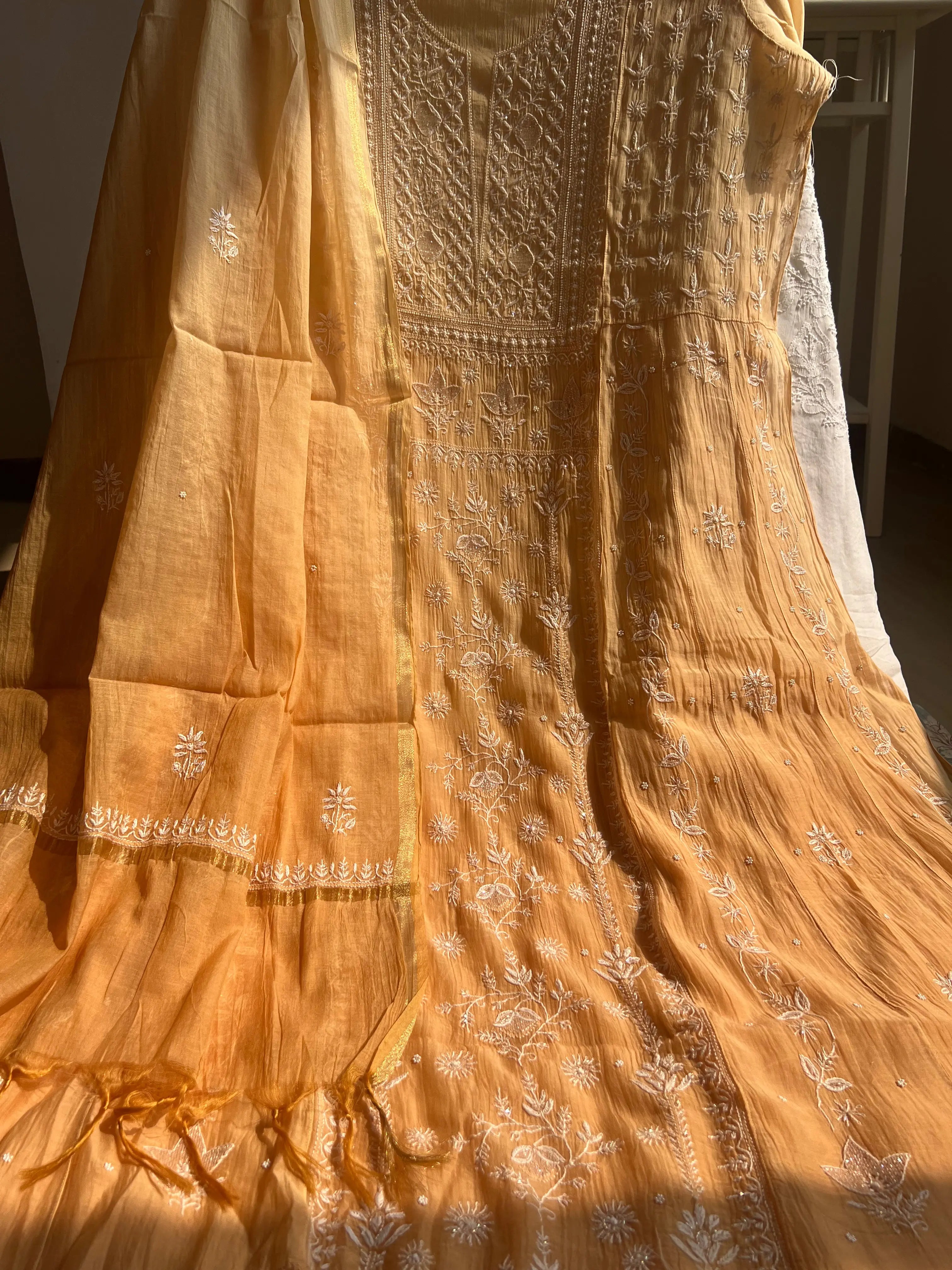 Mul Chanderi Chikankari Anarkali - Beige Ombre ARIAA CHIKANKARI
