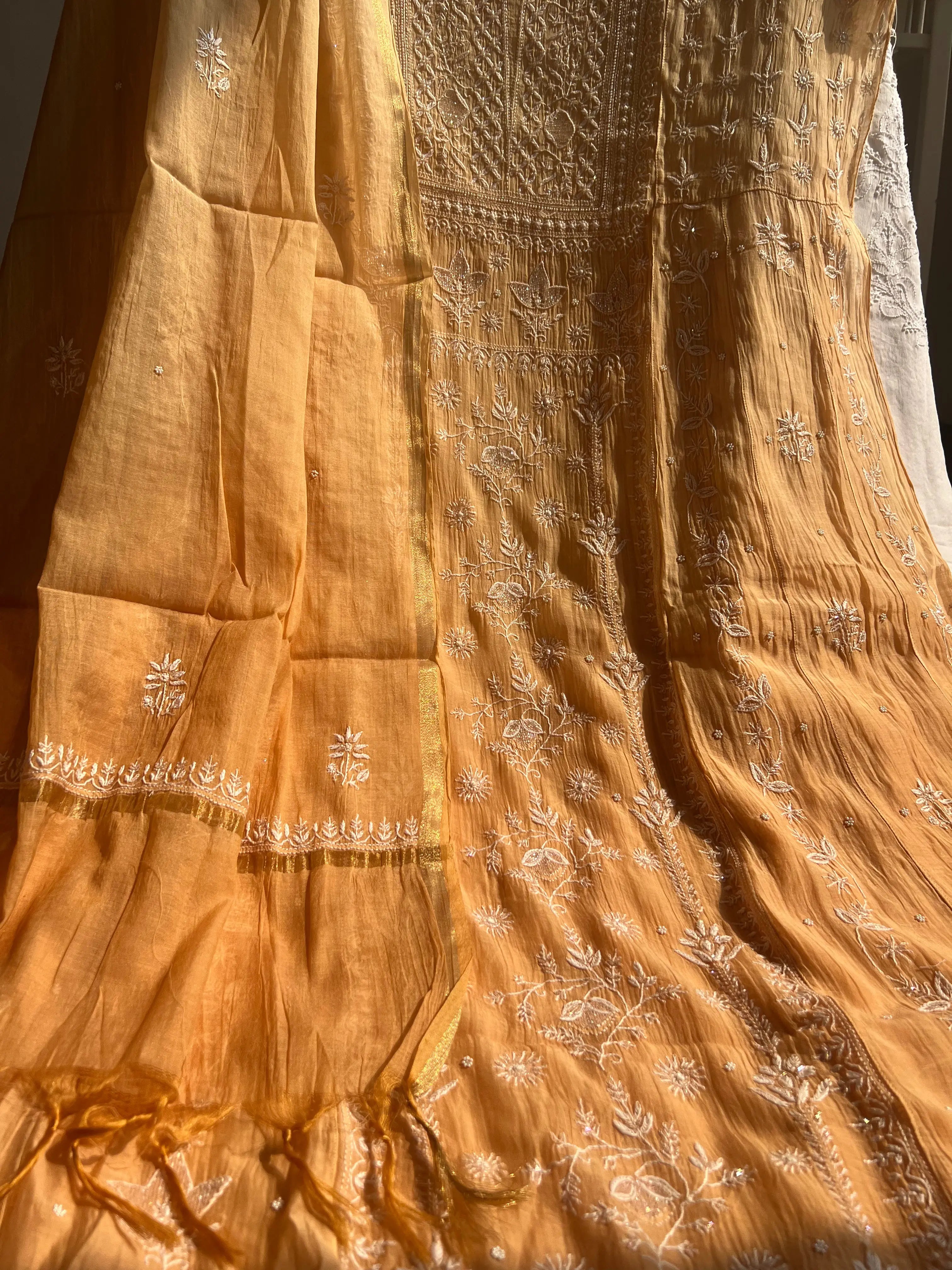 Mul Chanderi Chikankari Anarkali - Beige Ombre ARIAA CHIKANKARI