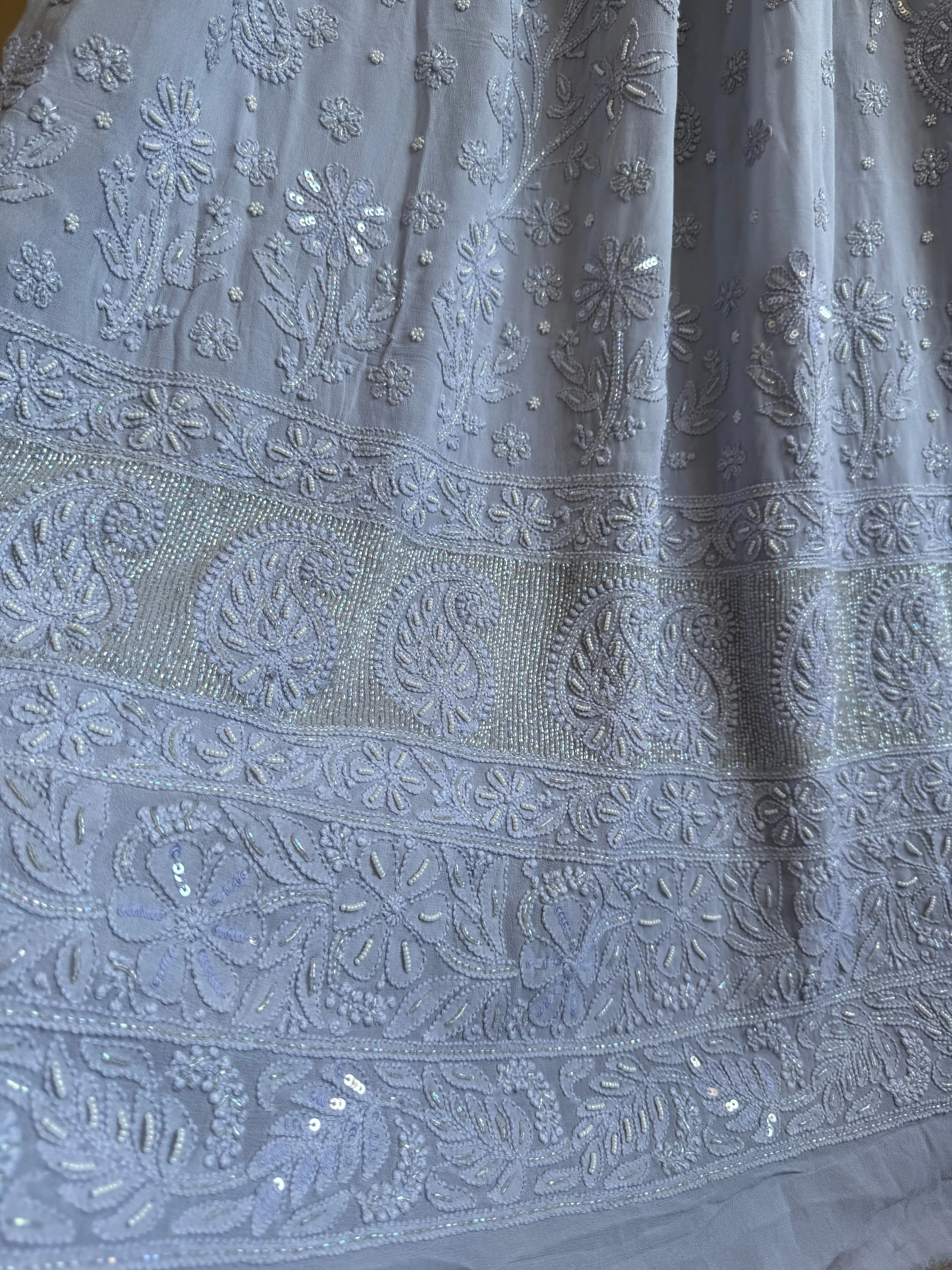 Viscose Light cool grey Chikankari saree with Pearl embellishments ARIAA CHIKANKARI