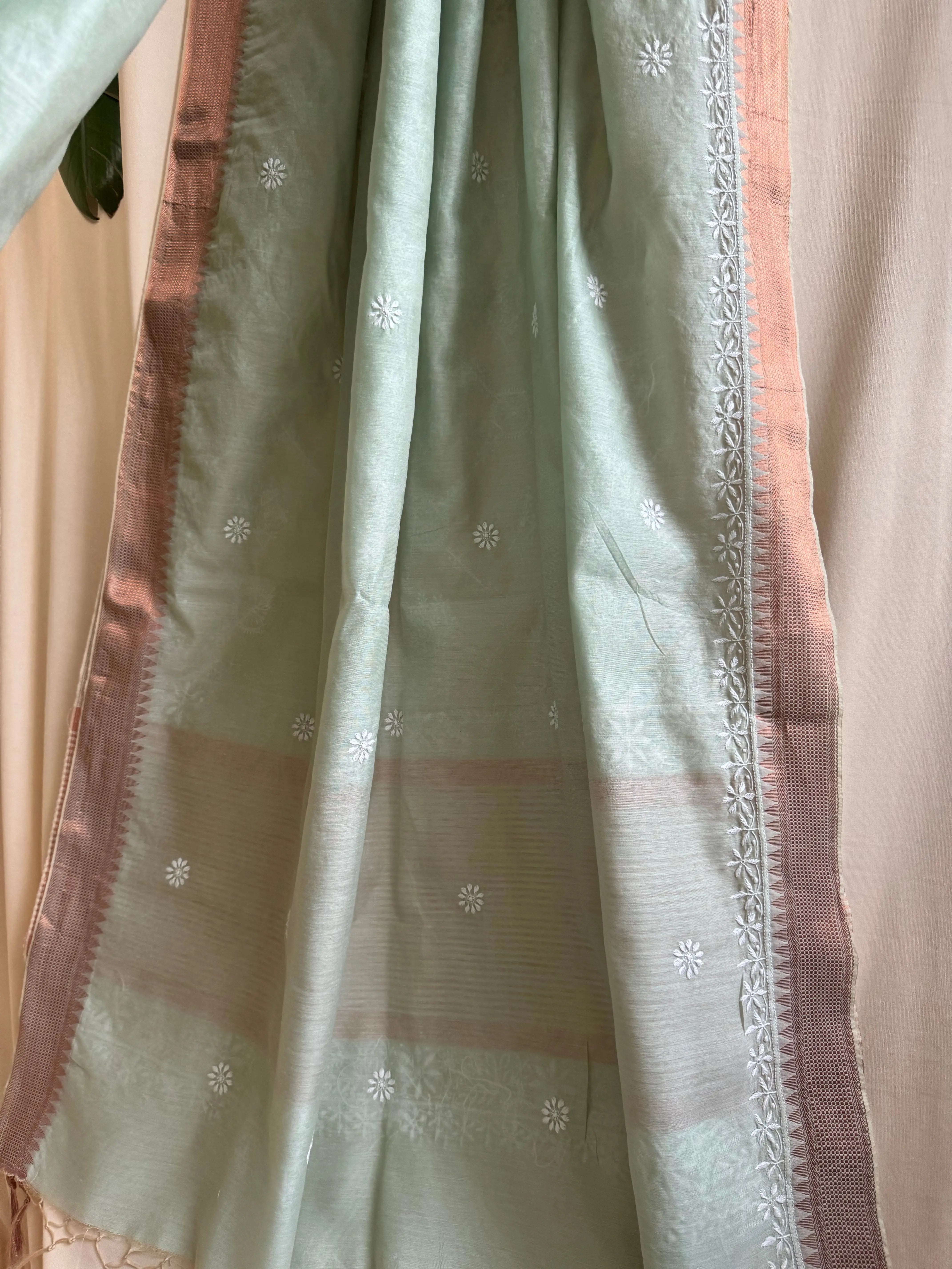 Chanderi Chikankari saree in Sage Green ARIAA CHIKANKARI