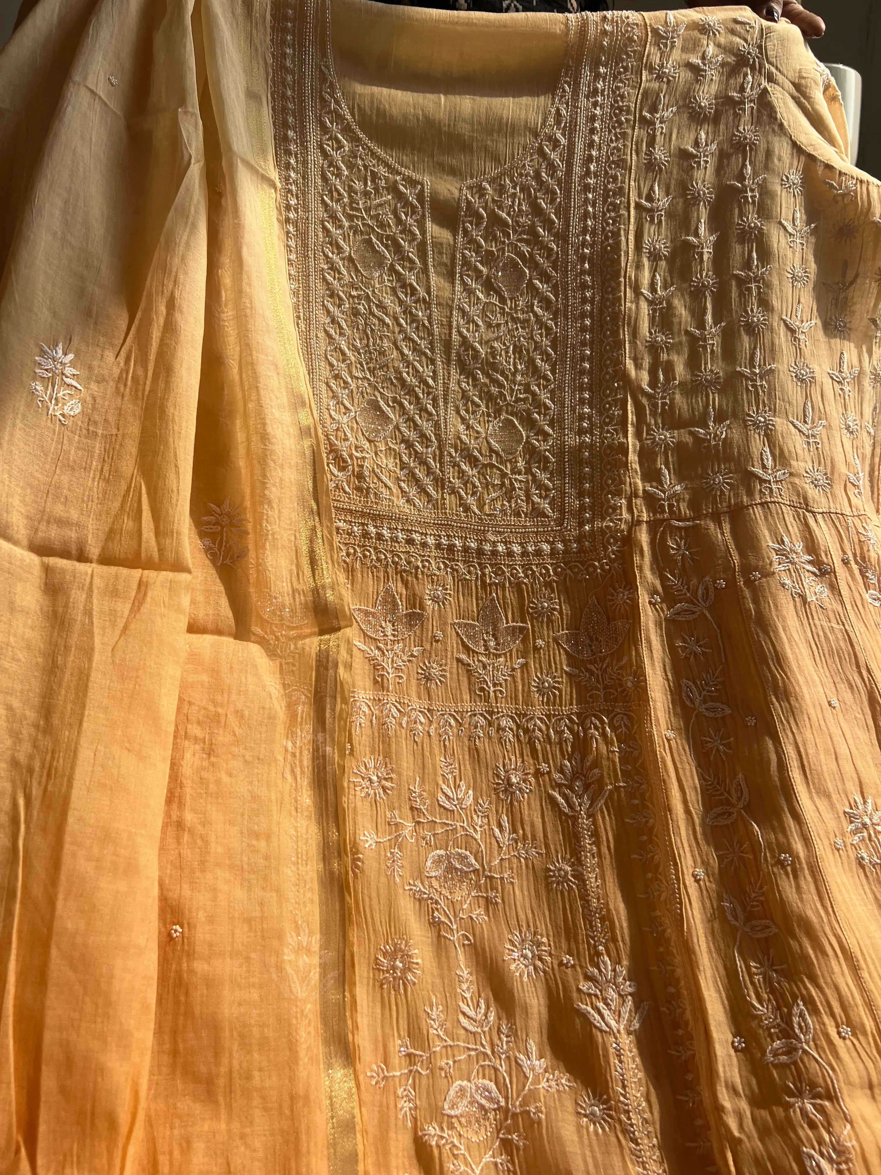 Mul Chanderi Chikankari Anarkali - Beige Ombre ARIAA CHIKANKARI